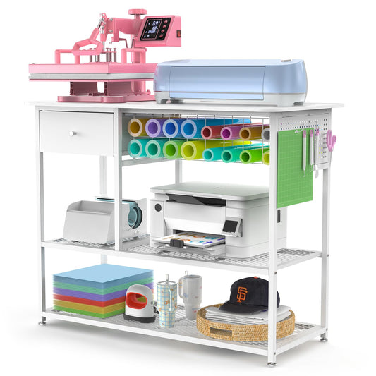 Crafit Extra Large Heat Press Table, Heat Press Stand Desk Cart with Vinyl Storage, Multi-Purpose Heavy Duty Metal Workbench for DIY Sublimation, T-Shirts Caps Mug & Tumbler Heat Transfer Projects