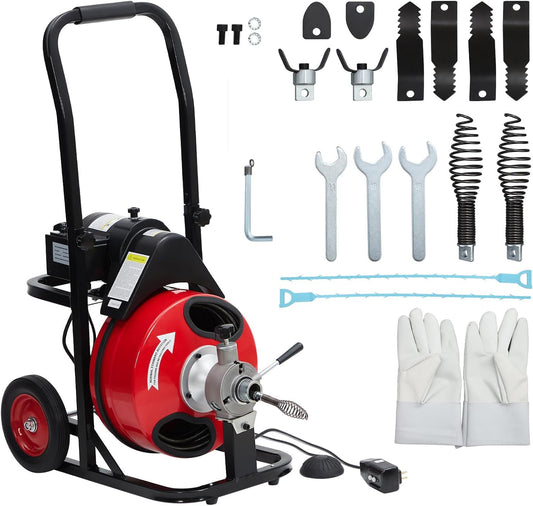 100 FT x 1/2 Drain Cleaner Machine with 370W Motor,Auto Feed Portable Sewer Snake Auger,8 Cutters,Air-activated Foot Switch for 1" to 4" Pipes