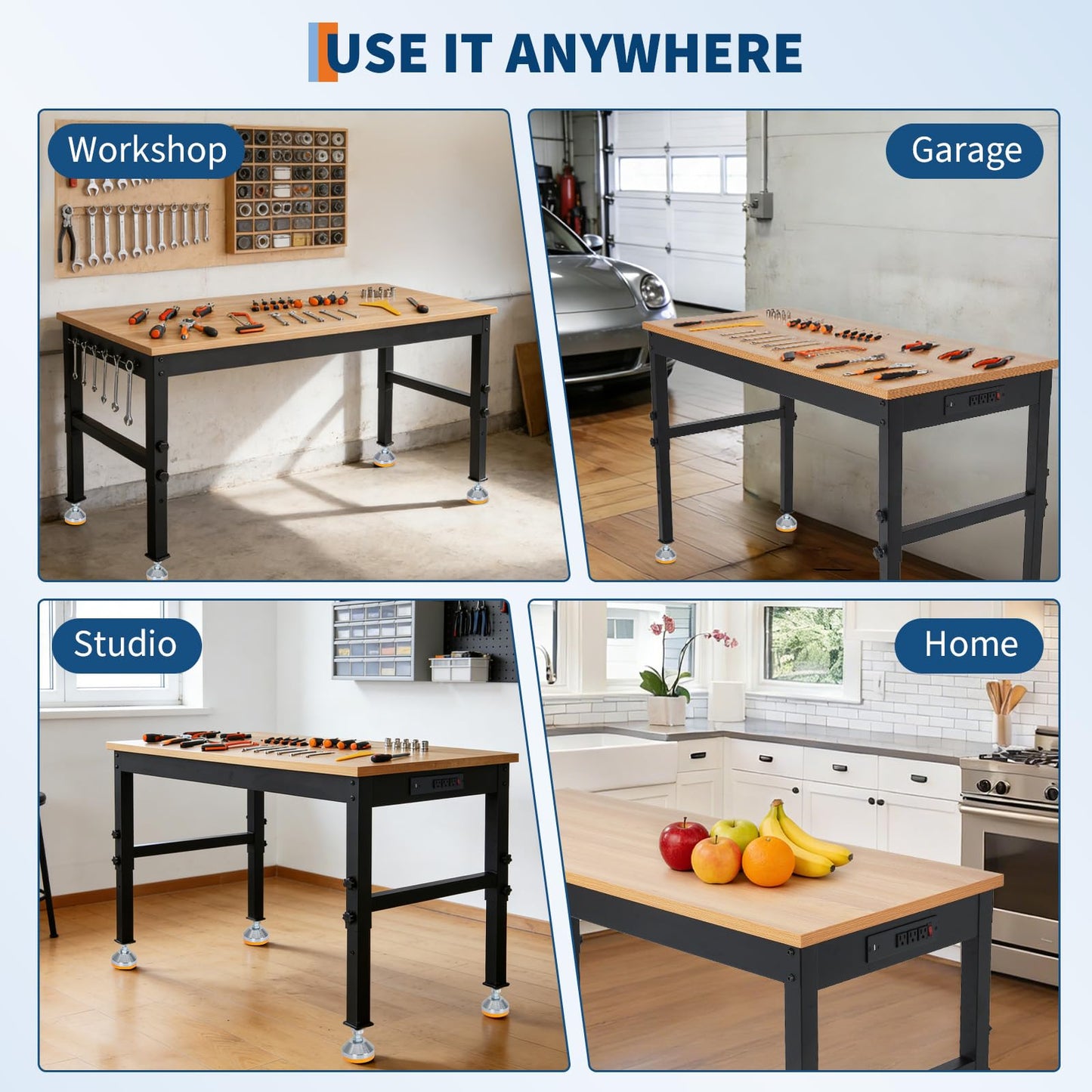 72" Adjustable Workbench for Garage 2500LB Cap Rubberwood Top Power Strip