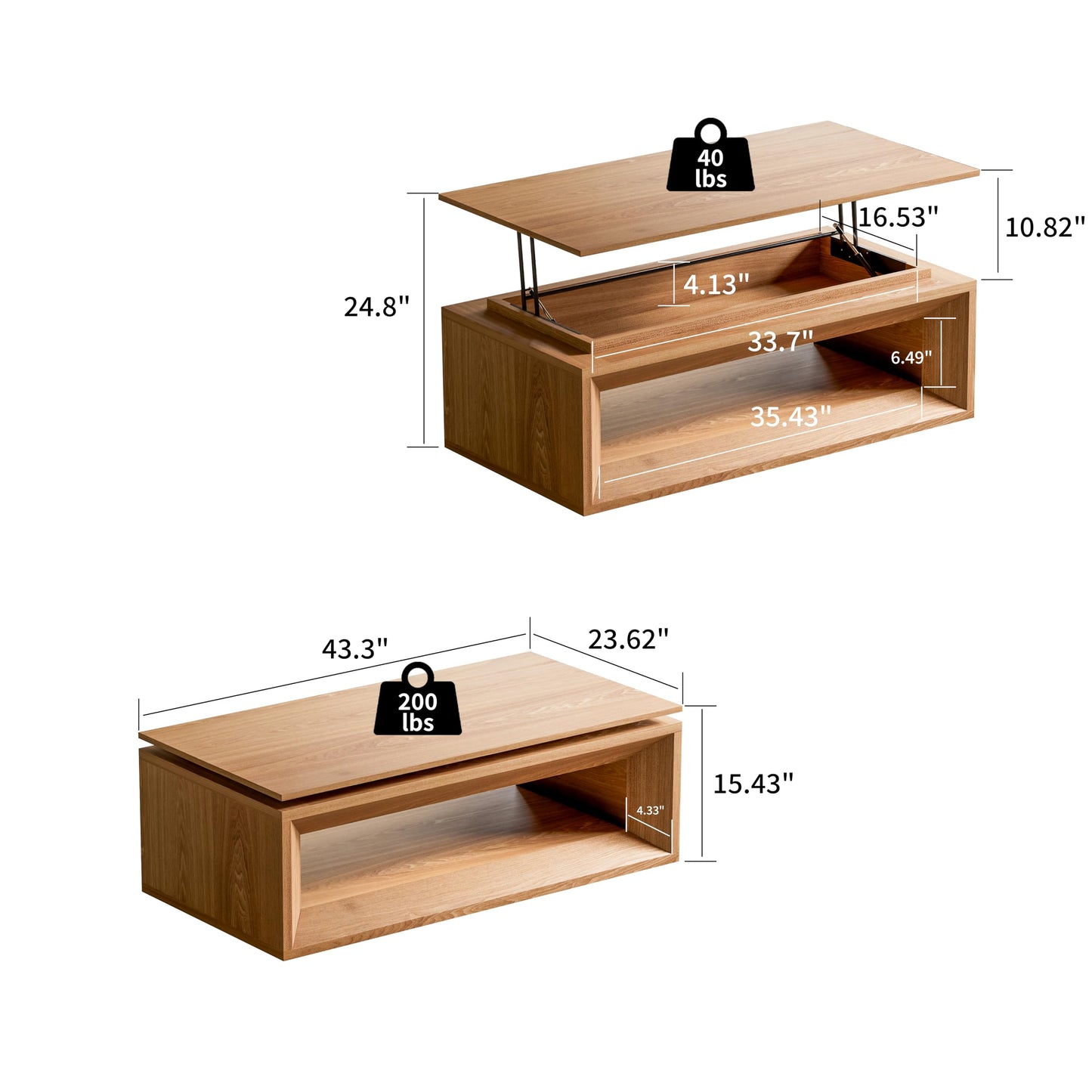 KEIKI 43.3" Lift-Top Coffee Table with Hydraulic Storage, Converts to Desk or Dining Table, Hidden Compartment, Open Shelf, Multifunctional Small Coffee Table for Living Room, Office, Natural Wood