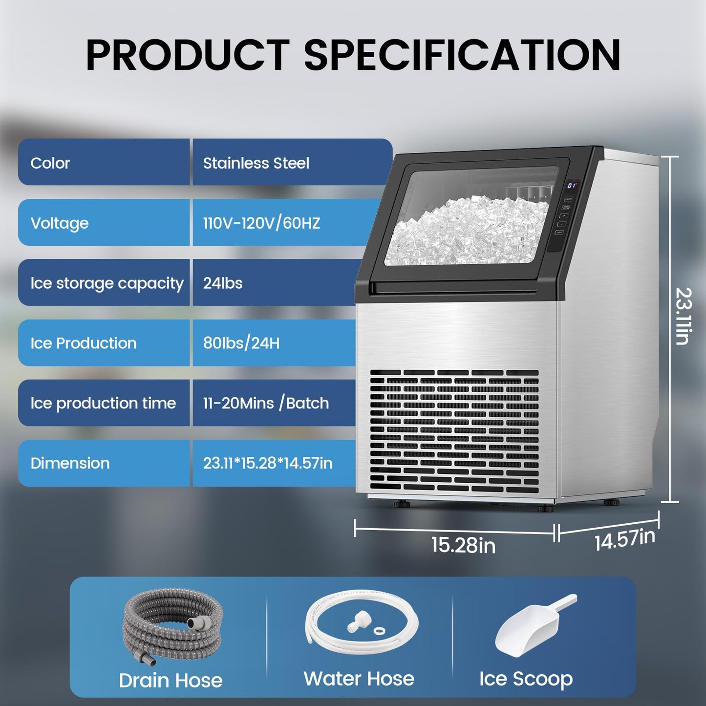 Commercial Ice Machine, 80 lbs/24H, 36 Cubes in 15 Mins, 28lbs Storage Capacity, Under Counter Ice Maker with 24 Hours Timer & LCD Panel, Freestanding Ice Machine for Bar, Cafe, Small Business
