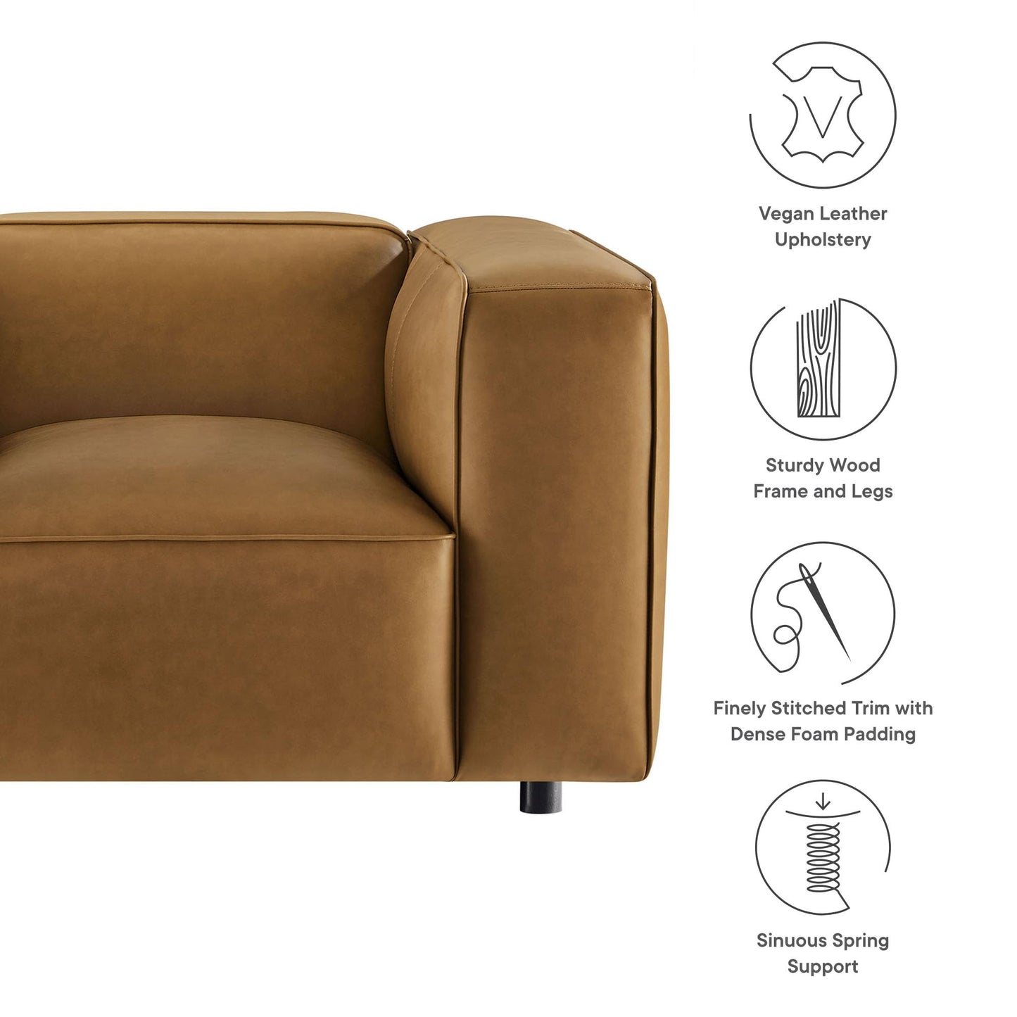 Modway Auren Vegan Leather Modular Armchair in Camel - Faux Leather Club Chair - Mid Century Modern Single Sofa Chair - Oversized PU Leather Accent Chair for Living Room or Apartment