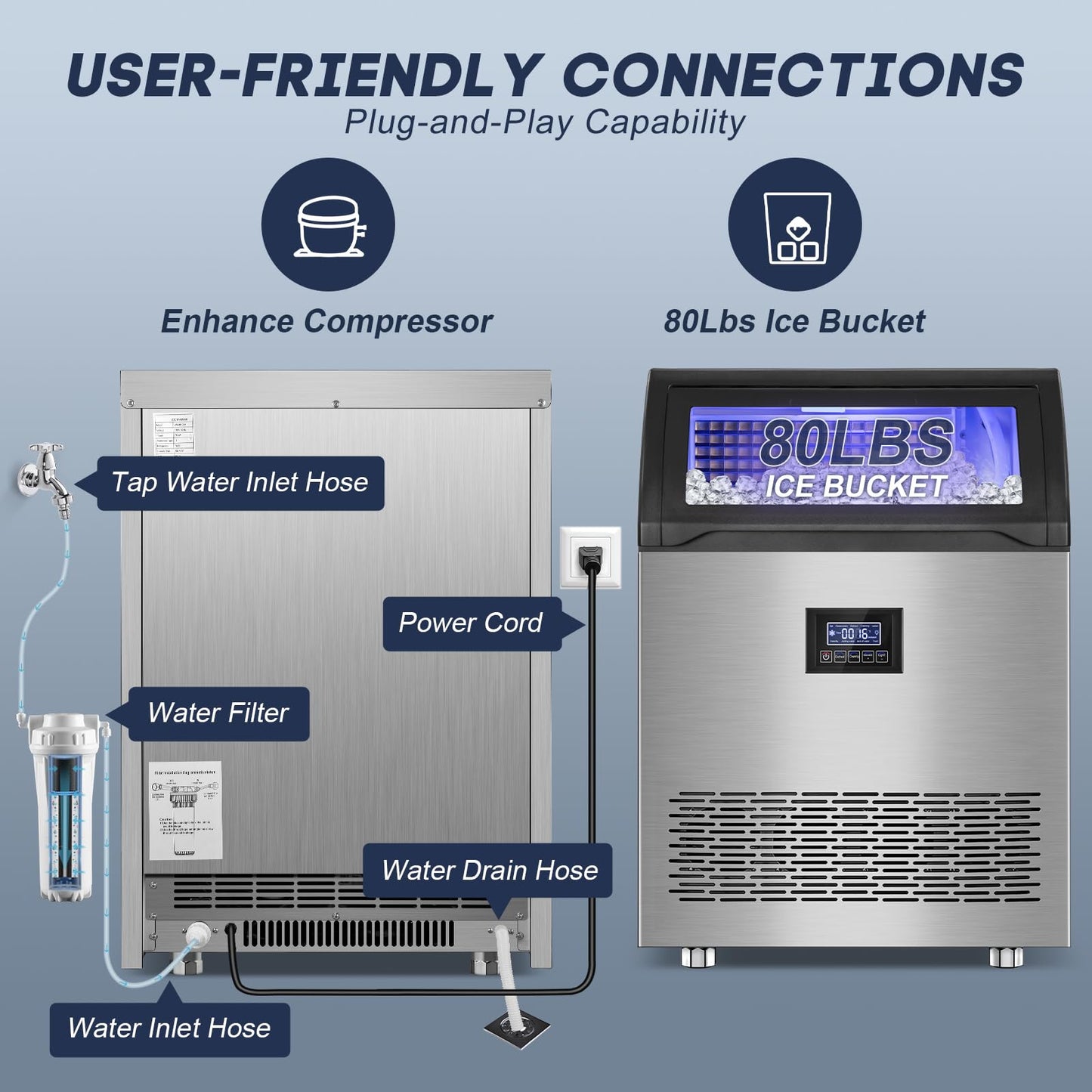 SOZT® Commercial Ice Maker Machine 360LBS/24H, Stainless Steel Under Counter Ice Machine with 80LBS Storage Bin, Self-Cleaning Freestanding Ice Cube Maker for Restaurant, Bar, Home, Office