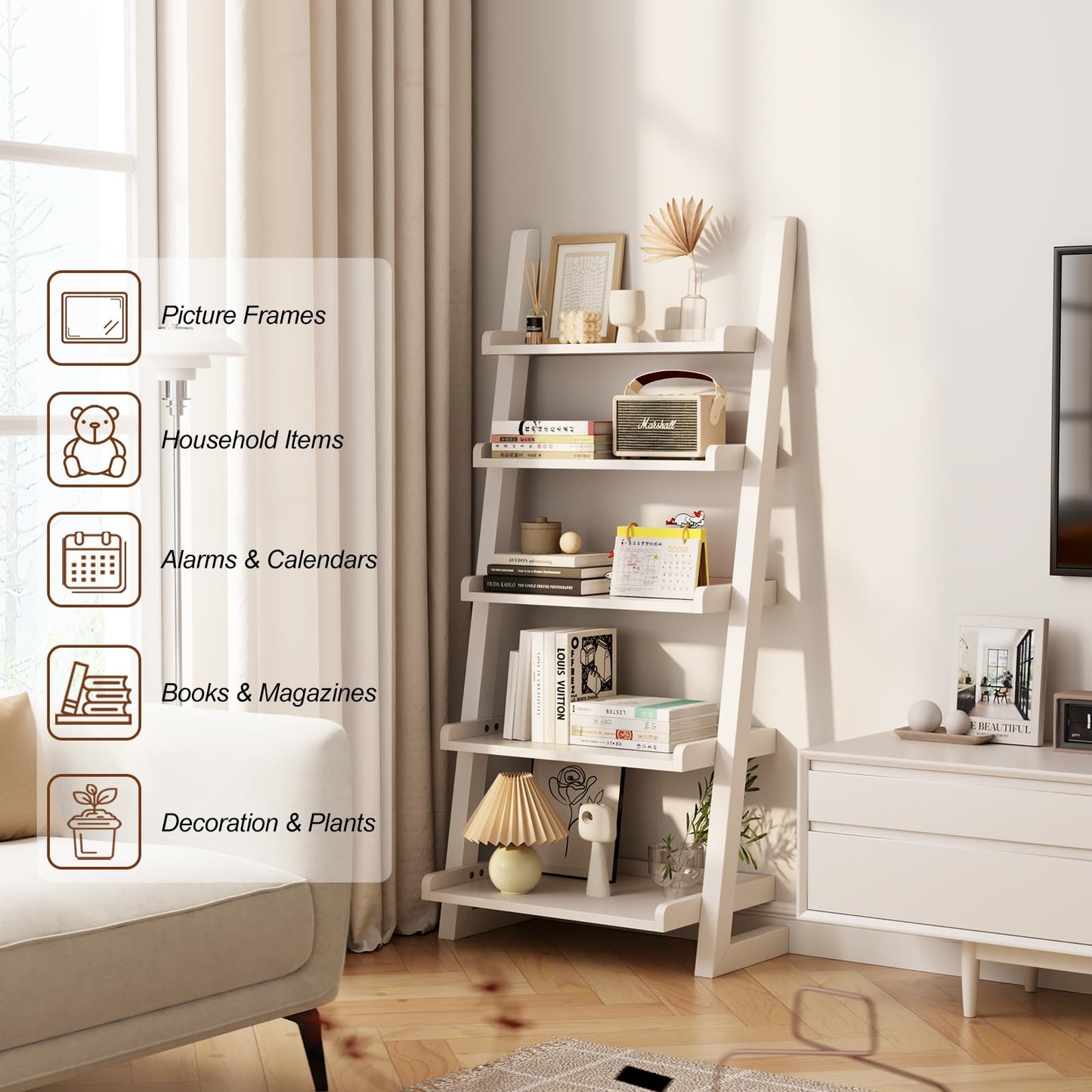 AQIMUELE White Wooden Ladder Shelf with Edges, 5-Tier Modern Leaning Bookshelf Ladder – Stylish Space-Saving Bookcase for Living Room, Bedroom & Home Office