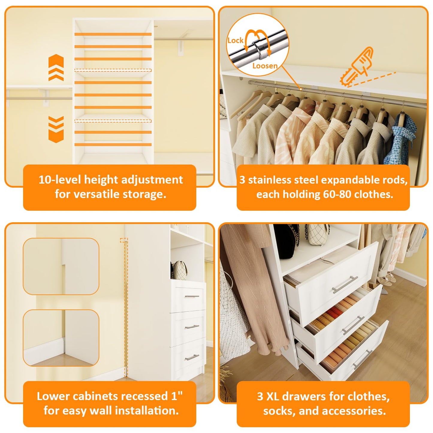 Closet System with Drawers, 5FT-8FT Closet Organizer System with Shelves & Expandable Hanging Rods, Walk in Storage Closet System Wood, White
