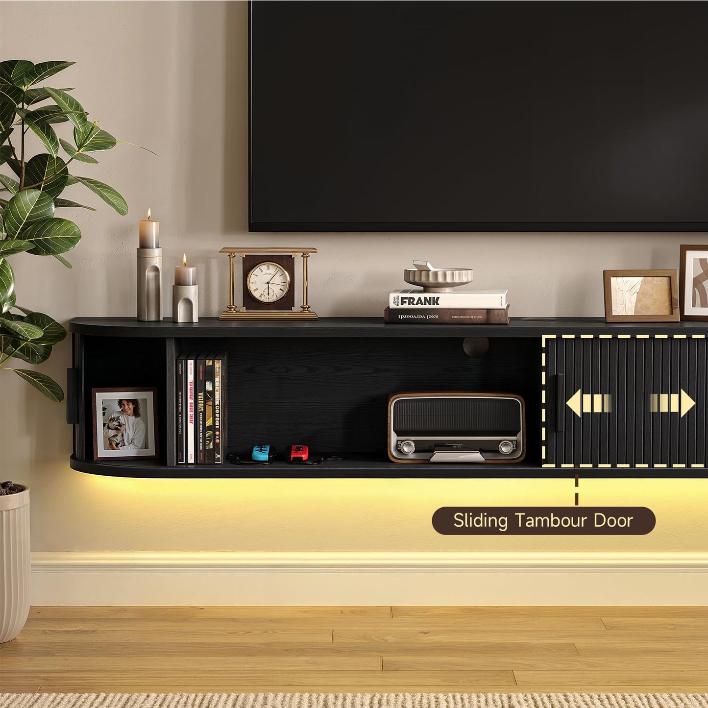 63" Floating TV Stand with Power Outlet for TVs up to 75", Fluted Entertainment Center with Remote Control for LED Lights, Mid-Century Modern TV Console w/Sliding Door for Living Room, Bedroom Black
