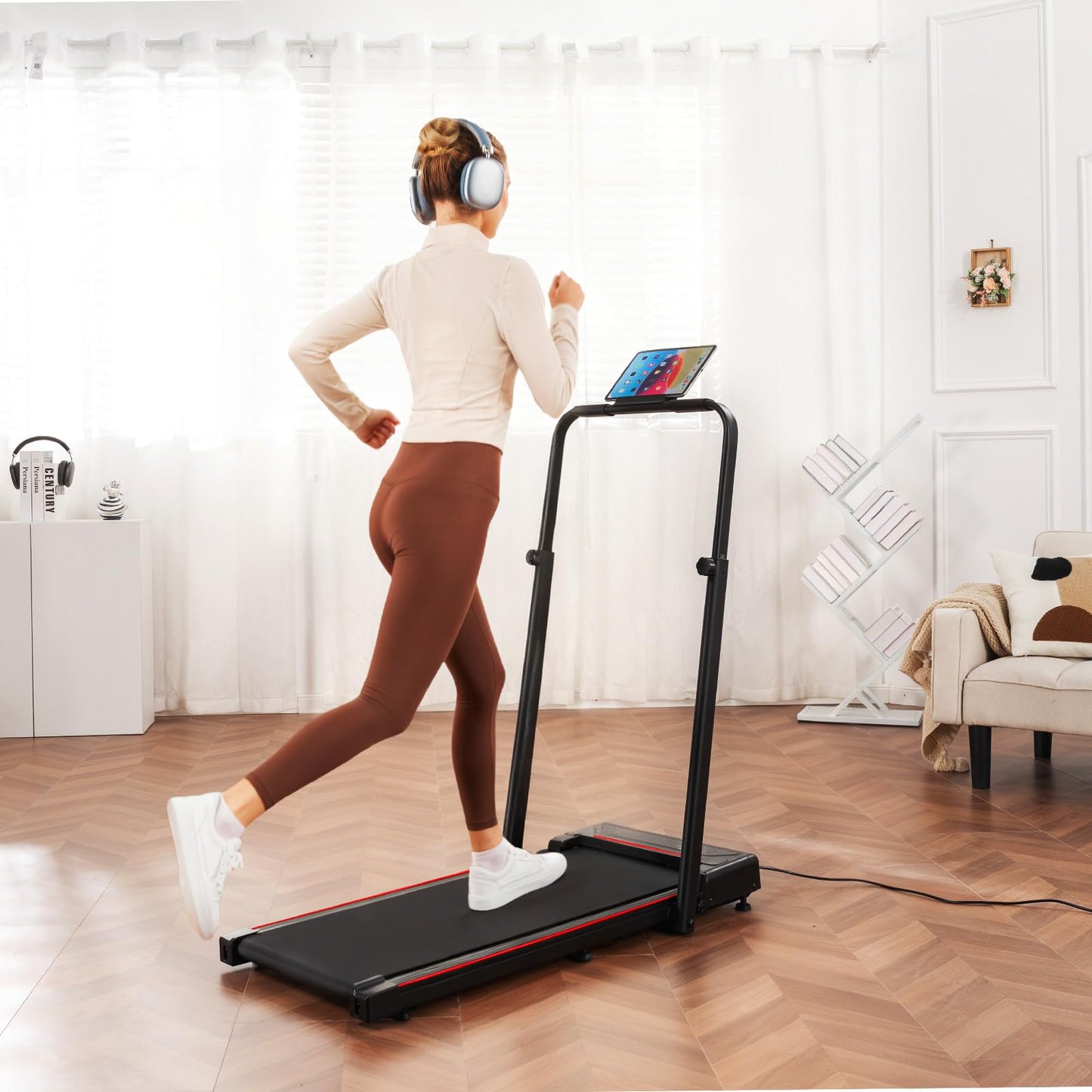 Gorise Walking Pad with Incline & Height-Adjustable Handlebar, 5-in-1 Foldable Treadmill for Home & Office, Portable Under Desk Treadmill 350LB with Remote Control LED Display Red