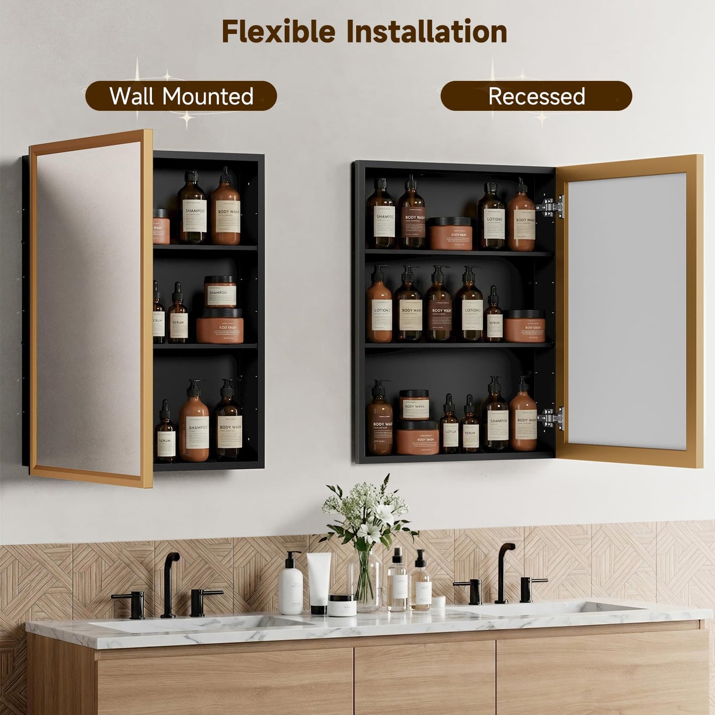 20"x28"Gold Medicine Cabinets for Bathroom with Mirror, Aluminum Alloy Framed Mirror, Recessed(18.85"x22.85")or Surface Wall-Mounted(20"x28") Metal Bathroom Vanity Mirror with Storage Cabinet