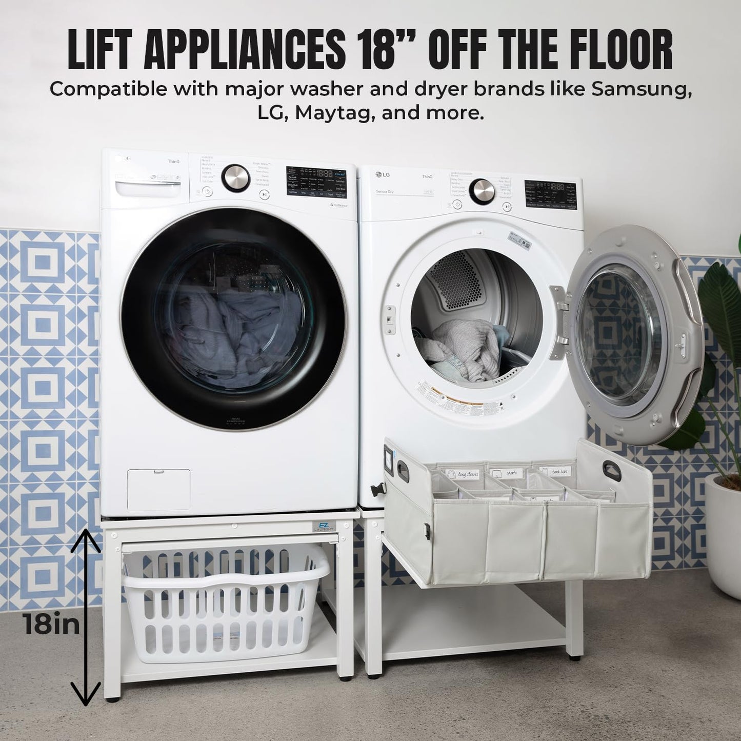 Washer and Dryer Pedestal with Pullout-Shelf - 27" W, 18" H, White Steel Universal Fit with Major Brands | Laundry Pedestal with Drain Pan & Hose | Washer Stand for Back Pain Relief, 800 lbs Capacity