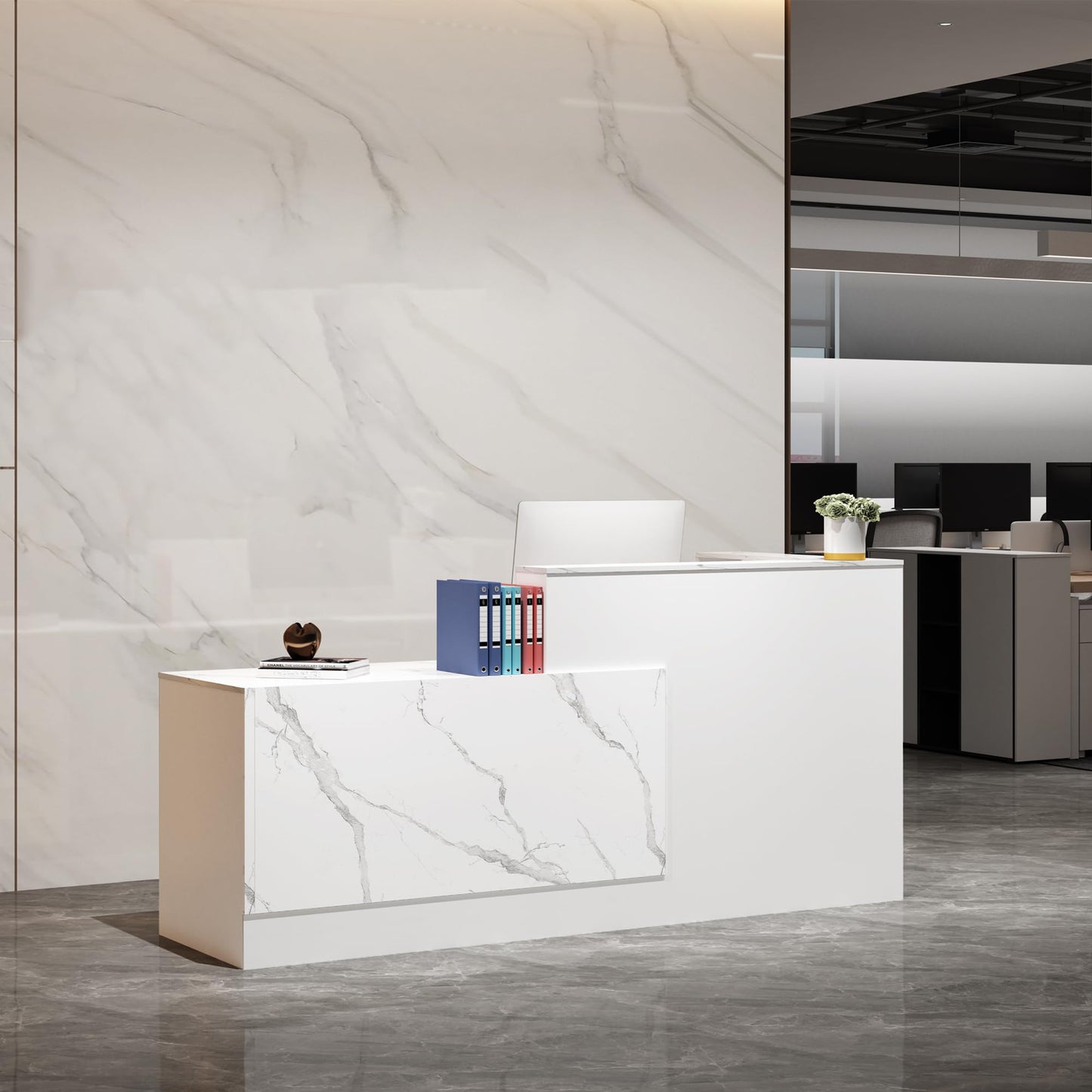L-Shaped Reception Desk with Lockable Drawers, Adjustable File Cabinet & Keyboard Tray, Modern Front Counter for Office, Salon, or Lobby (Right-L Marble White/White, 86.6''L x 23.6''W x 41.3''H)