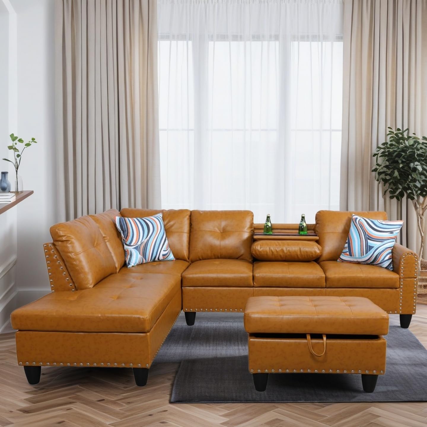 Trygoal L Shaped Couches for Living Room, Leather Sectional Couch Living Room Furniture with Storage Ottoman, Modular Sectional Sofa with Movable Chaise for Apartment Office, Ginger