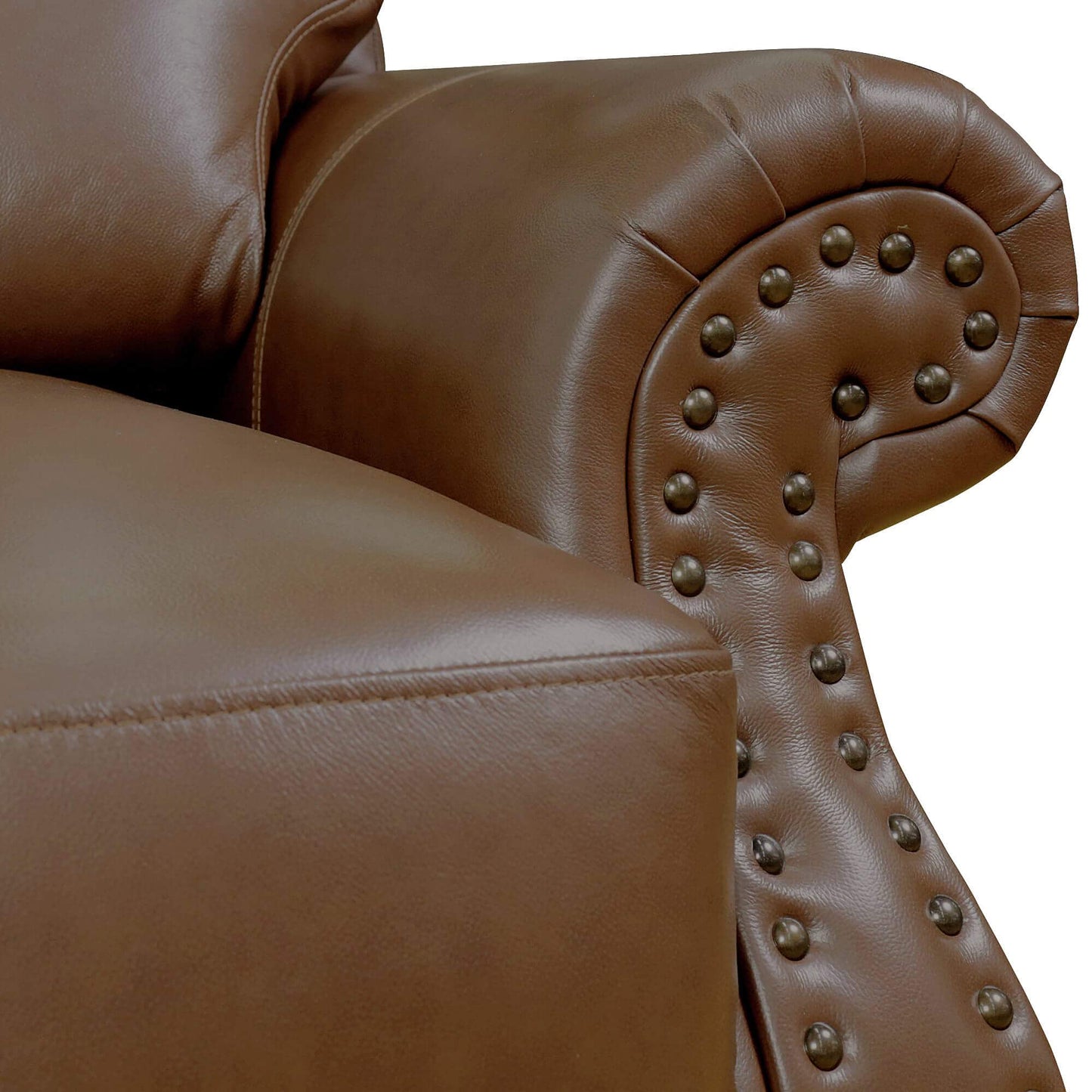 Sunset Trading Charleston 86" Wide Top Grain Leather Sofa | Chestnut Brown Classic 3 Seater Rolled Arm Couch with Nailheads