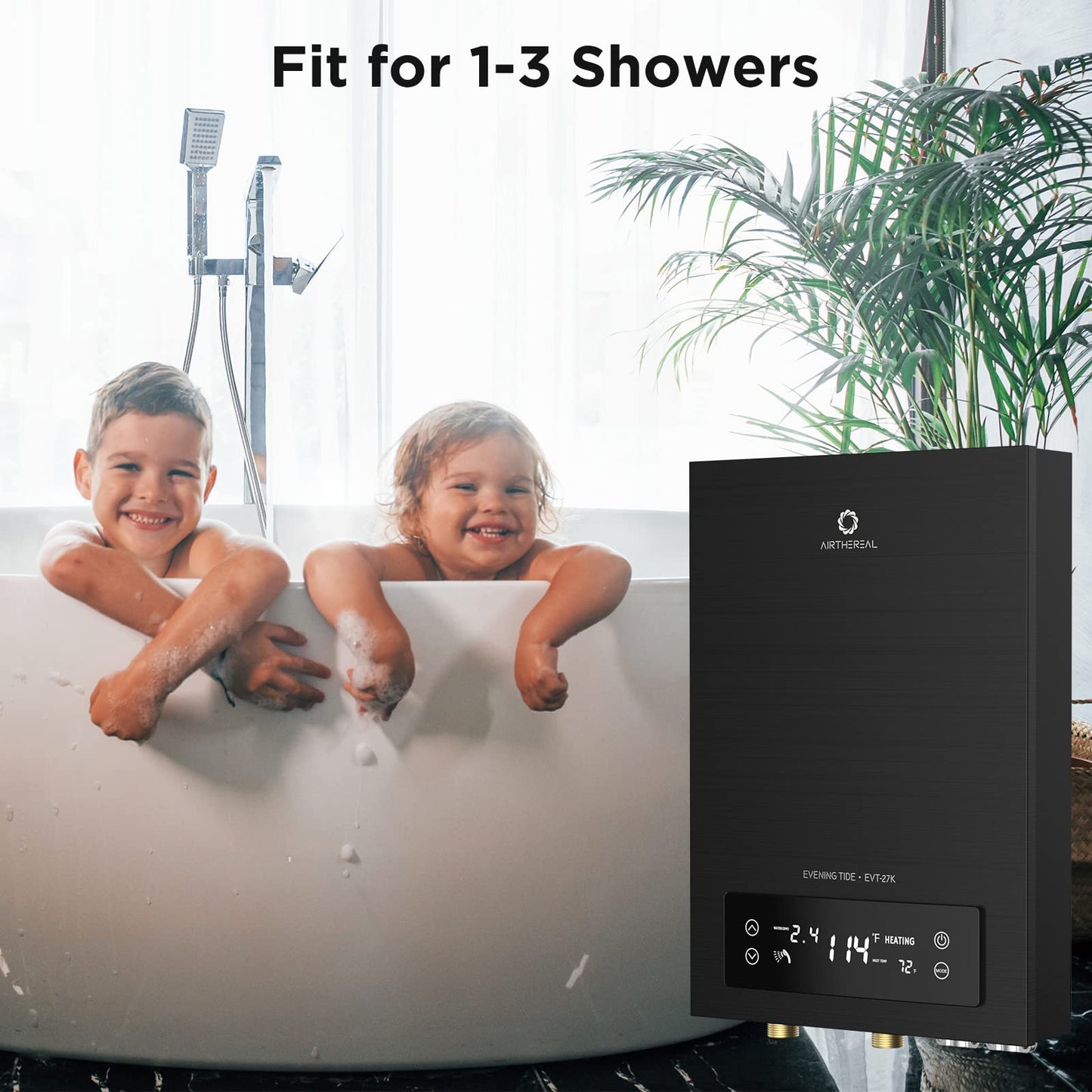 AIRTHEREAL Electric TANKLESS Water Heater 27KW, Endless ON-Demand HOT Water - SELF MODULATES to Save Energy USE - for 3 Showers EVT-27K