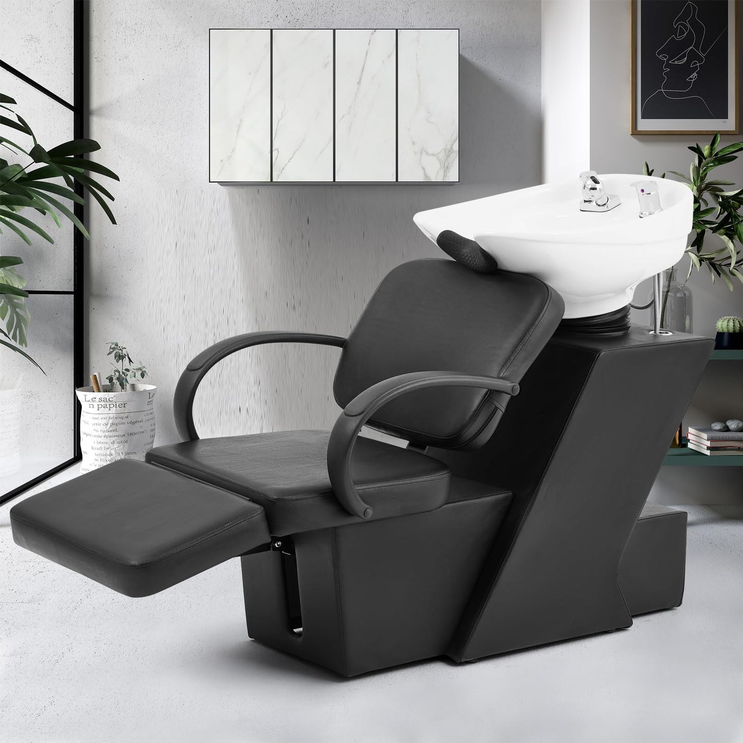 Artist Hand Shampoo Bowl, 47" Ceramic Bowl Chair Adjustable Backwash Shampoo Station Footrest Salon Equipment(White Bowl)