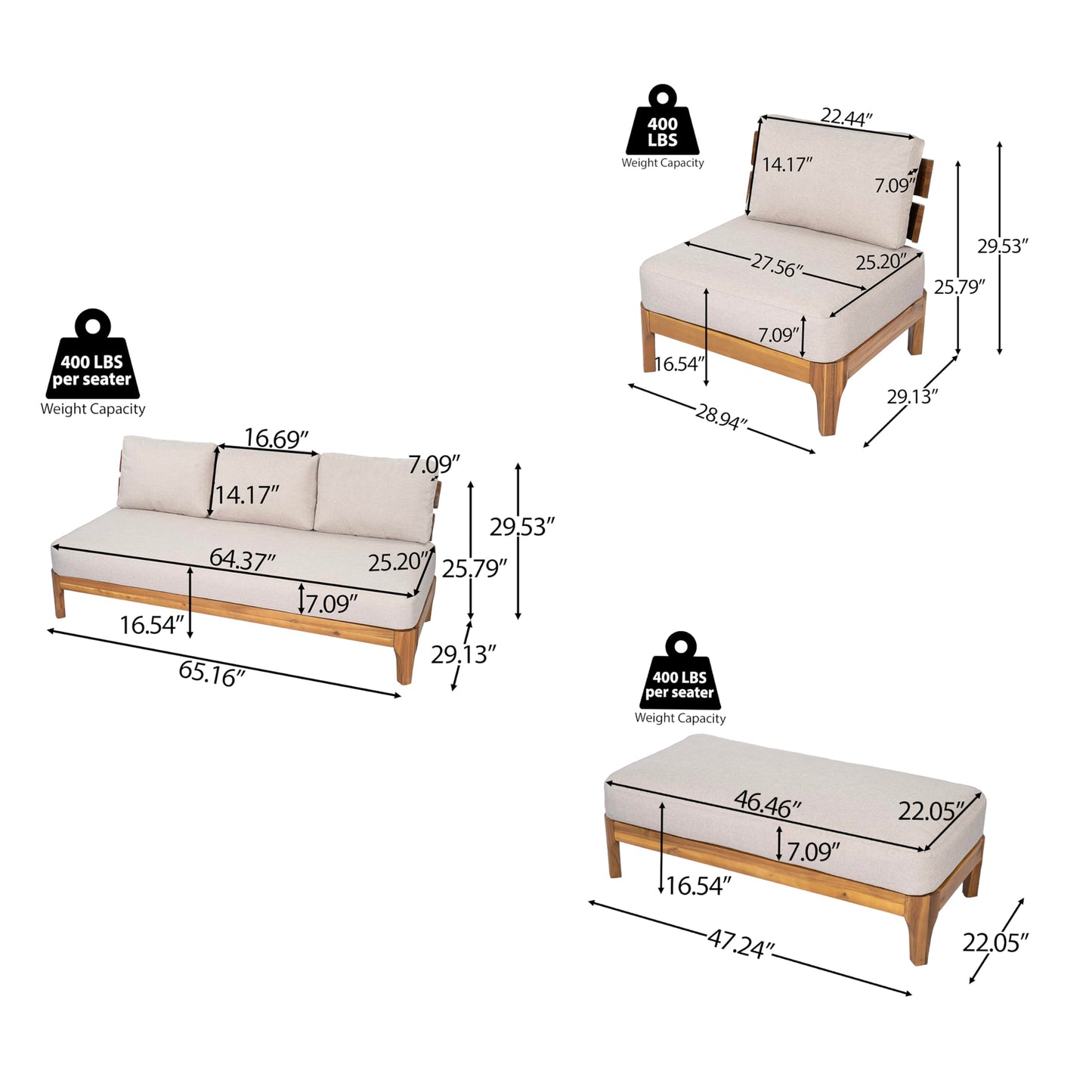 Merax 4 Piece Patio Outdoor Furniture Set, All-Weather Acacia Wood 3-Seater Sofa, 2 Cairs with Cushions, 1 Bench for Porch, Lawn, Backyard, Balcony Teak+ Beige