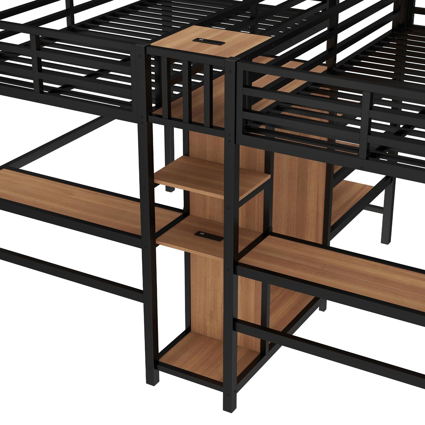 Bellemave Twin Over Twin Metal Loft Bed with Desk and Wardrobe for 2 Kids,Twin Size Heavy Duty Double Loft Bed Frame with Charging Station and Shelves for Boys,Girls,Adults,Woodgrain