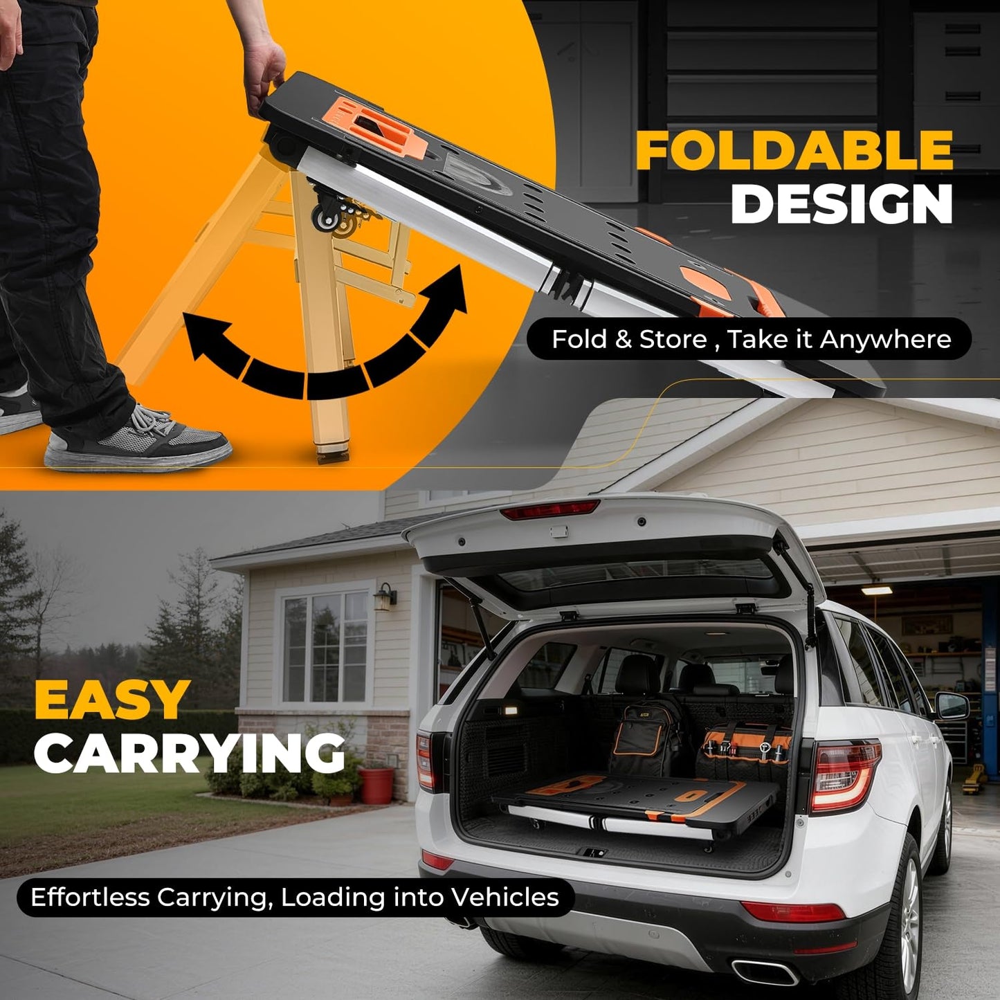 Auto Dynasty 7-in-1 Folding Workbench Portable Table Car Creeper with 4 Wheels for DIY Station, Garage, Repair Shop, as Dolly, Scaffold, Platform, Sawhorse, and Hand Truck, Height Adjustable 440 lbs