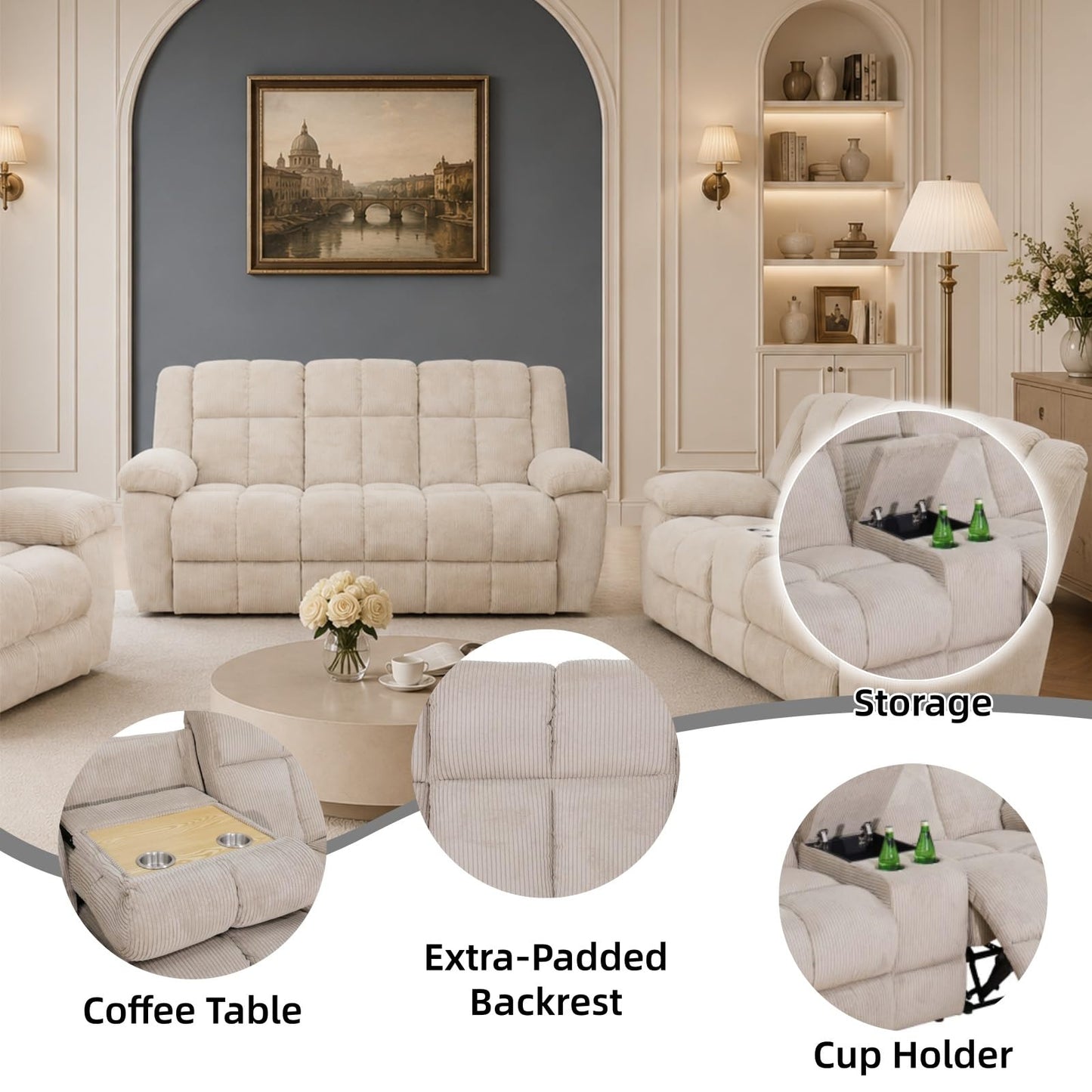 Trygoal Modern Recliner Sofa Set of 3, Stripe Fabric Upholstered Living Room Set with Cup Holders & Storage, Ergonomic Reclining Couch with Coffee Table, Cozy Home Theater Seating, Off-White