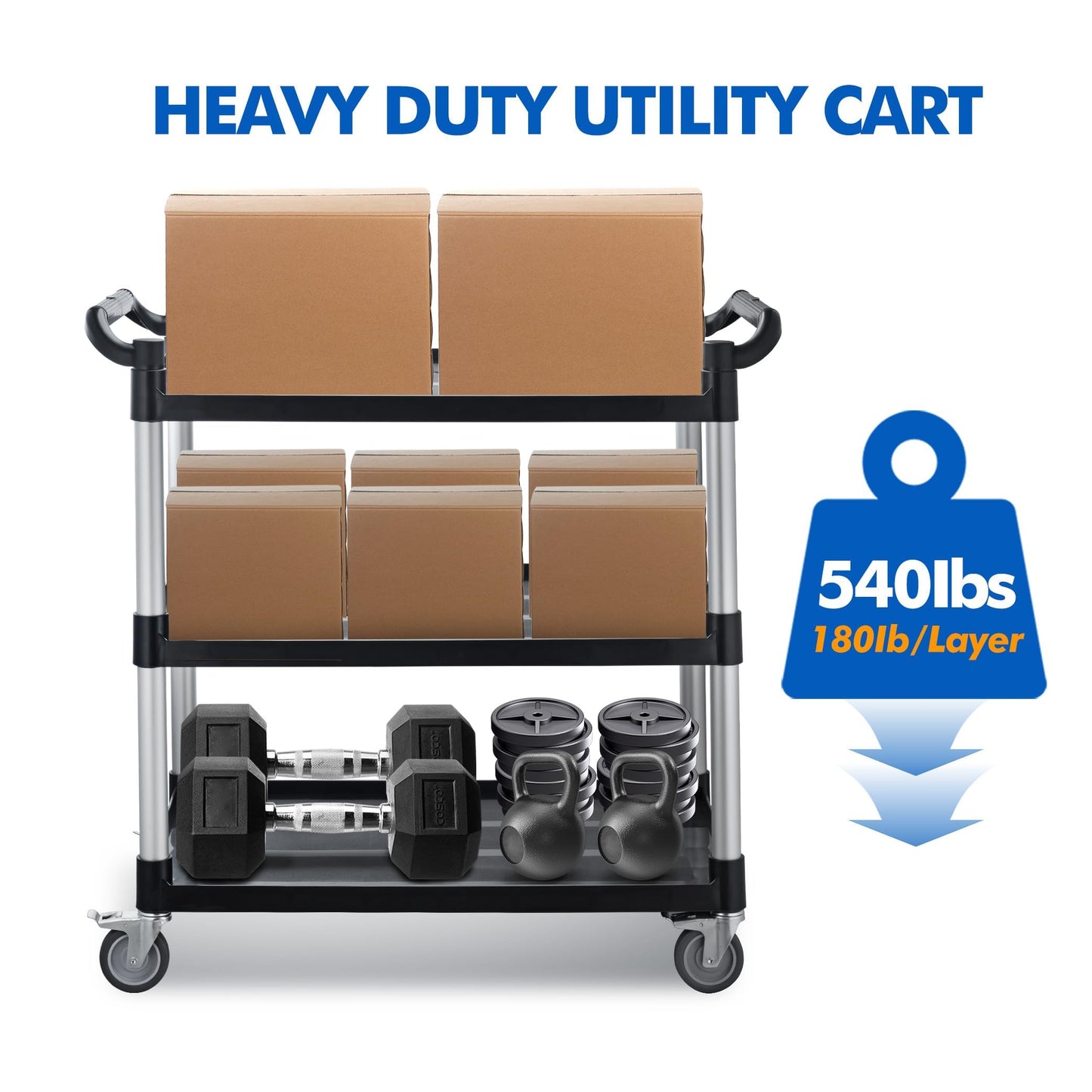 Imaboie Utility Rolling Carts with Wheels, Large Plastic Service Carts, Heavy Duty Restaurant Cart with 4 Brake Lockable Wheels for Kitchen/Office/Warehouse (3 Tier-40.1×19.7×38.1inches/540lbs)