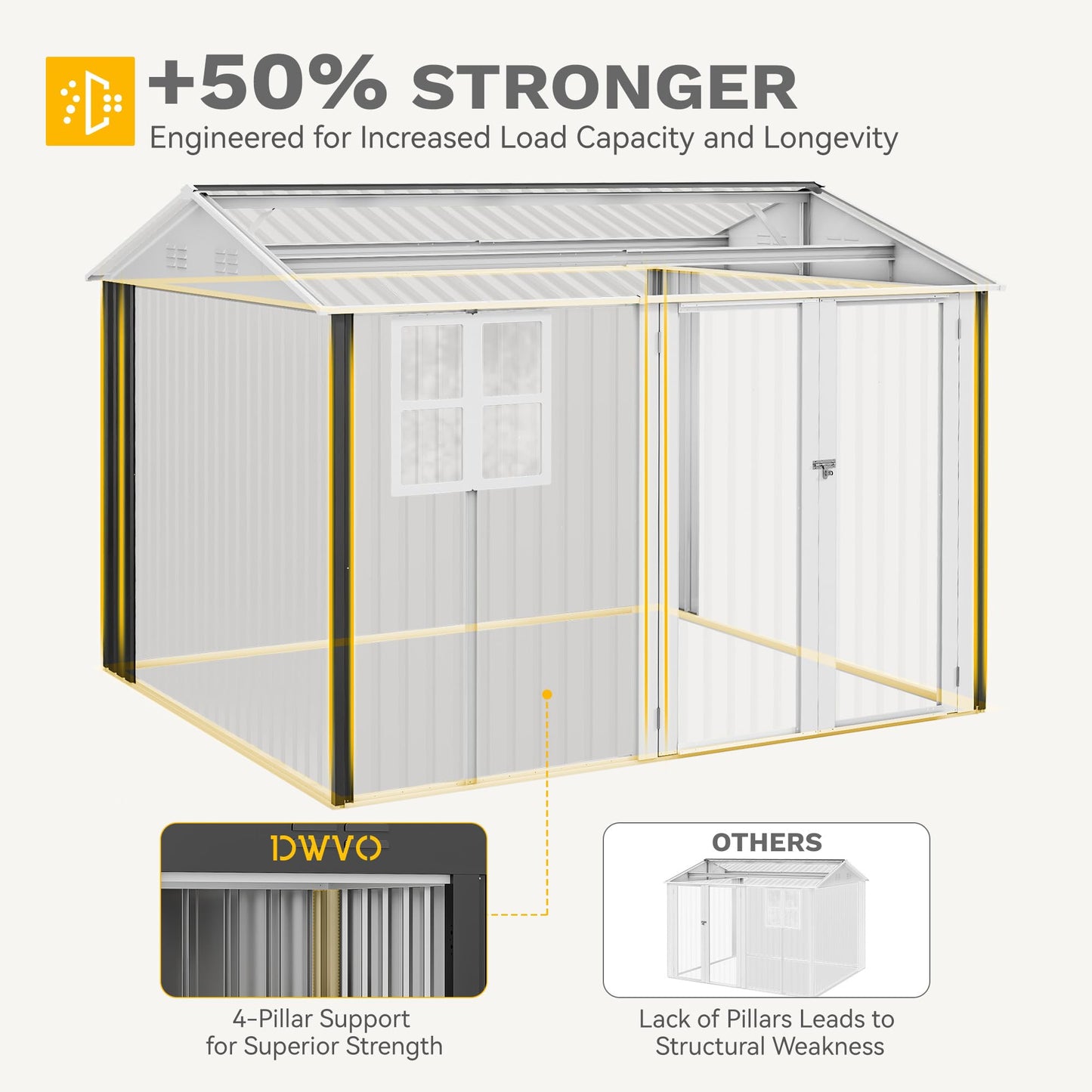 DWVO 10' x 8' Outdoor Storage Shed, Waterproof Metal Garden Shed with Windows, Lockable Doors, and Sloped Roof for Patio, Backyard, Lawn, Tool Storage, Bike Shed, Pet Shelter (Gray + White)