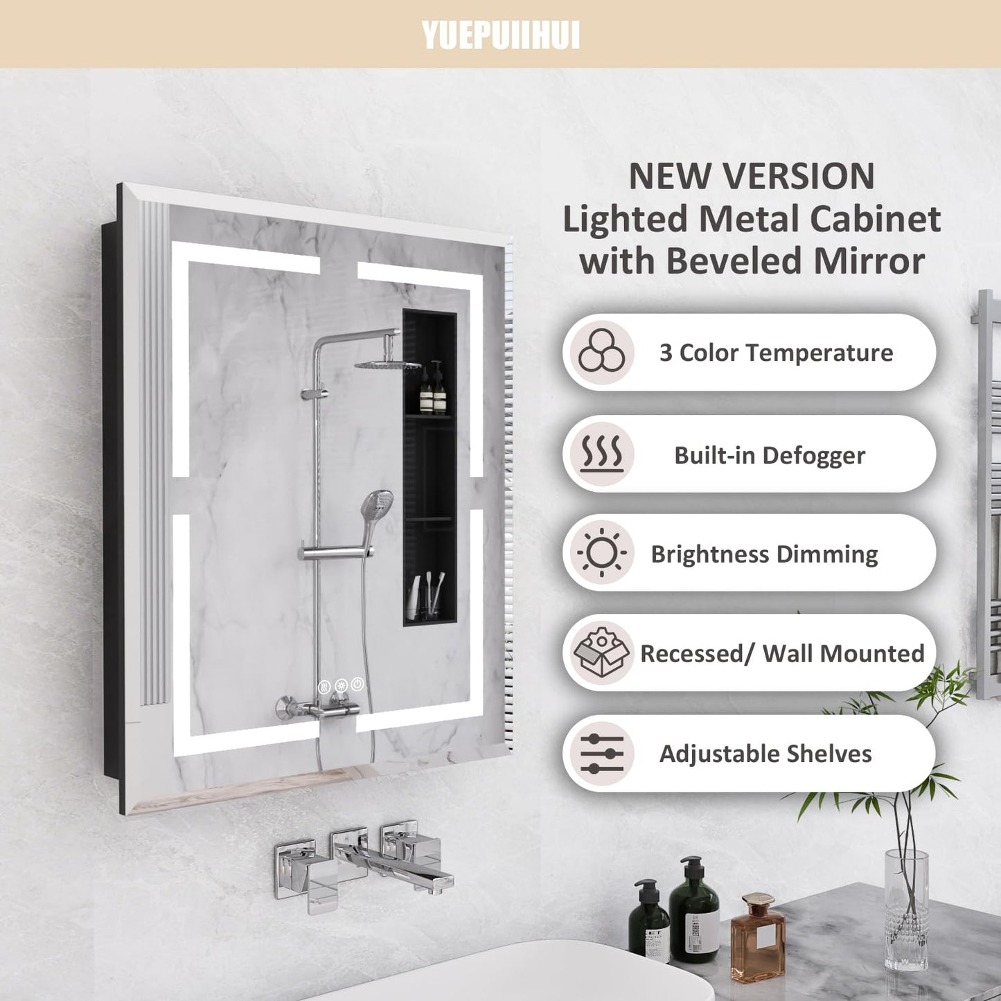 YUEPUIIHUI 24X30 Inch Lighted Medicine Cabinet, Recessed Medicine Cabinet with Adjustable 3-Color, Brightness Dimming, Defogger, Wall Mounted