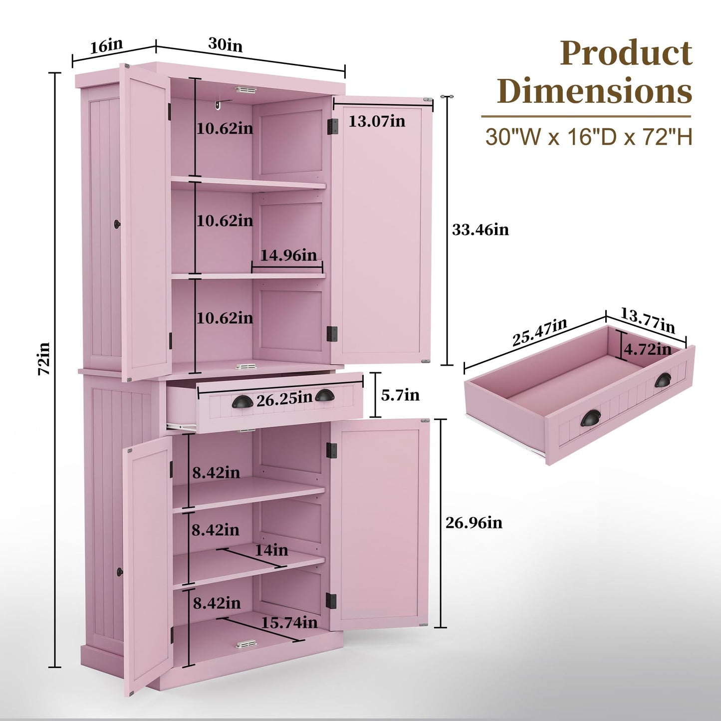 ARTPOWER 72" Tall Kitchen Pantry Storage Cabinet with Drawer and Adjustable Shelves, Pantry Cabinet for Kitchen, Bathroom or Hallway, Pink