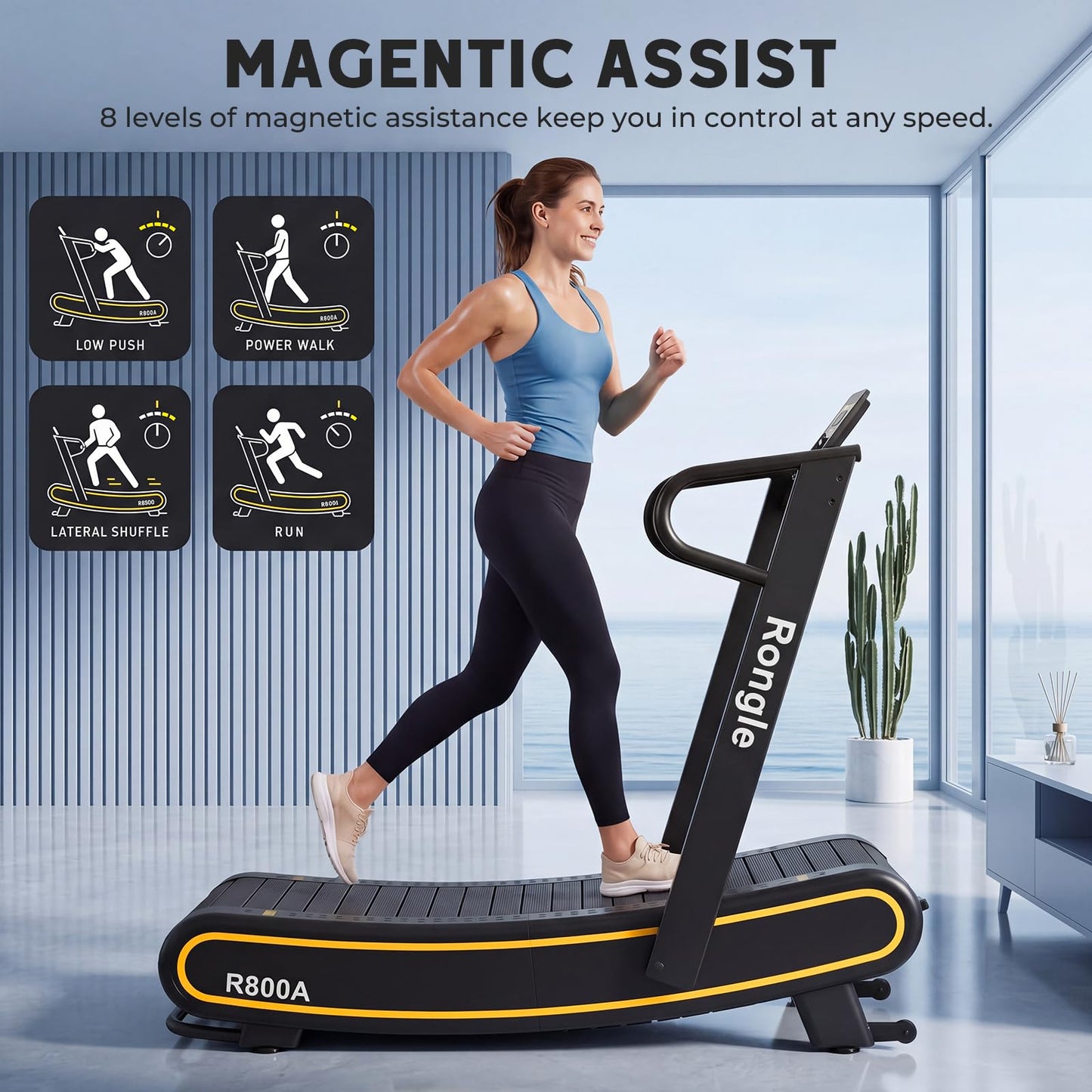 Rongle Curved Treadmill, Non-Powered Folding Treadmill, Adjustable Custom Resistance, Equipped with LCD Display, Suitable for Commercial and Home Use, 350 lbs Weight Capacity