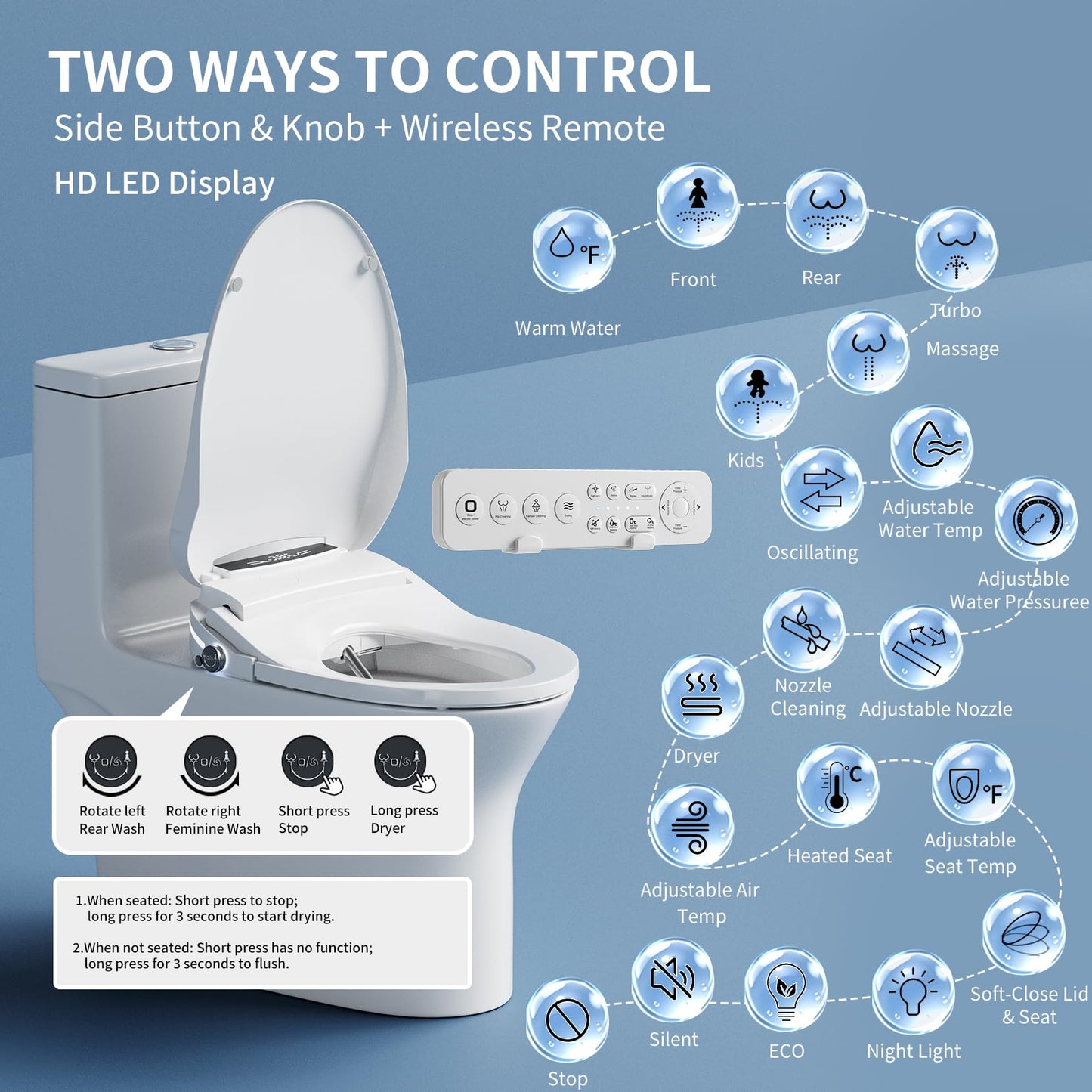 Simenr Electric Bidet Toilet Seat Round, Heated Smart Bidet Seat with Instant Warm Water & Dryer, Self-Cleaning Nozzle, Soft Close Lid, Night Light - Adjustable Temp & Pressure, Remote & Knob Control