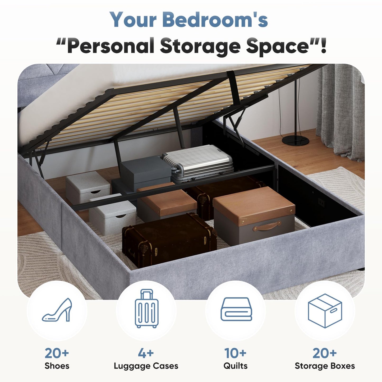 OLIXIS Full Size Lift Up Storage Bed with Wingback Headboard, Modern Upholstered Platform Bed Frame, Hydraulic Underneath Storage Space, Soft Velvet Platform, No Box Spring Needed, Grey