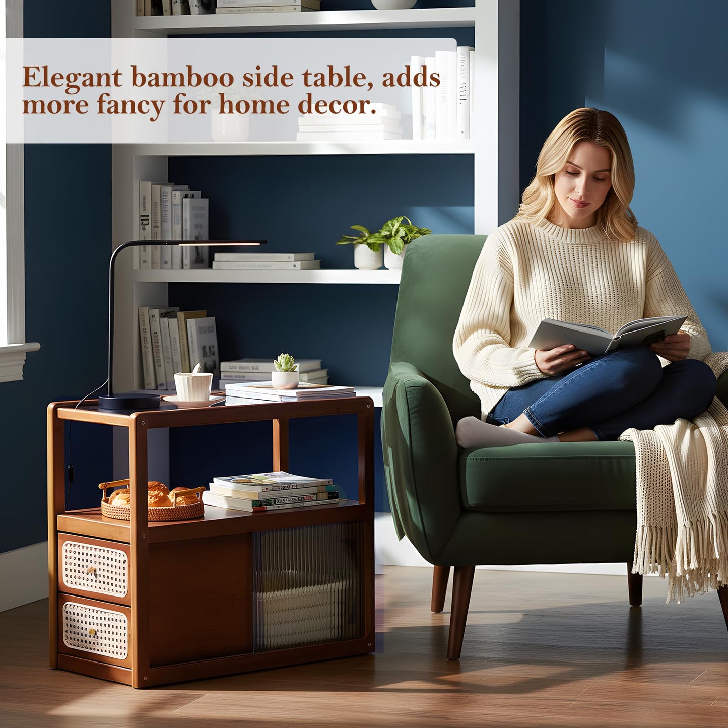 Tiita Rattan Nightstand Side Table, Bamboo Accent Bedside Tables, Glass Coffee Tables, Boho Wooden End Table with Storage for Small Space, Living Room and Bedroom