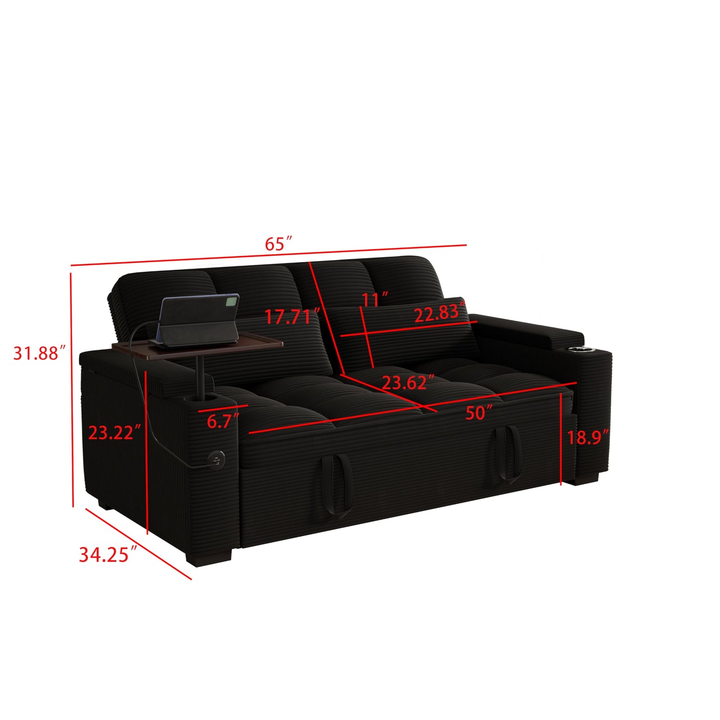 KEIKI 65" 3-in-1 Convertible Sofa Bed with 360° Swivel Table, Pullout Sleeper for Living Room, Small Space Apartment, Modern Textured Corduroy Upholstery, USB Charging, Storage Armrests