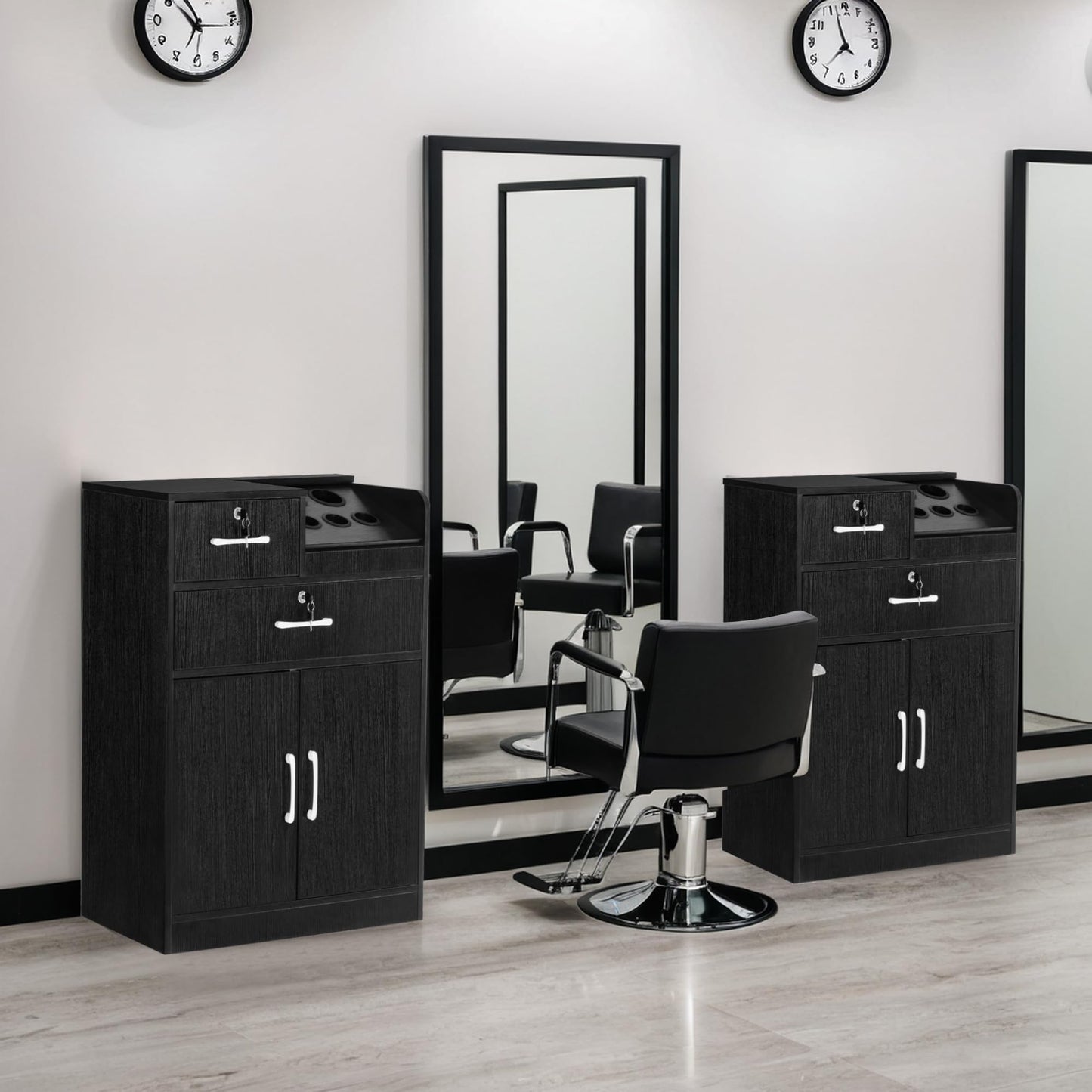 BarberPub Locking Storage Cabinet Barber Utility Unit Beauty Salon Station with Holders Styling Equipment with Drawers 2032
