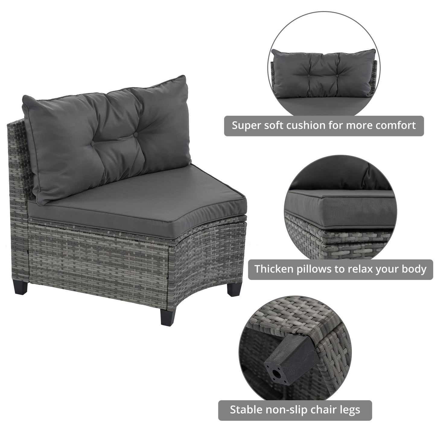 8-Piece Outdoor Wicker Round Sofa Set, Half-Moon Sectional Sofas with Cushions, PE Rattan Curved Lounge, Rectangular Coffee & Side Tables, Sturdy Patio Seating for Garden, Deck, Balcony, Gray
