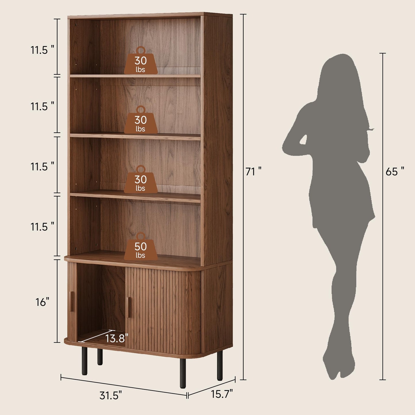 5-Tier Tall Bookshelf with Cabinet, 71" Fluted Bookcase with Sliding Door, Adjustable Display Shelf, Free Standing Cube Storage Organizer, Wood Shelving Unit for Living Room, Home Office, Walnut
