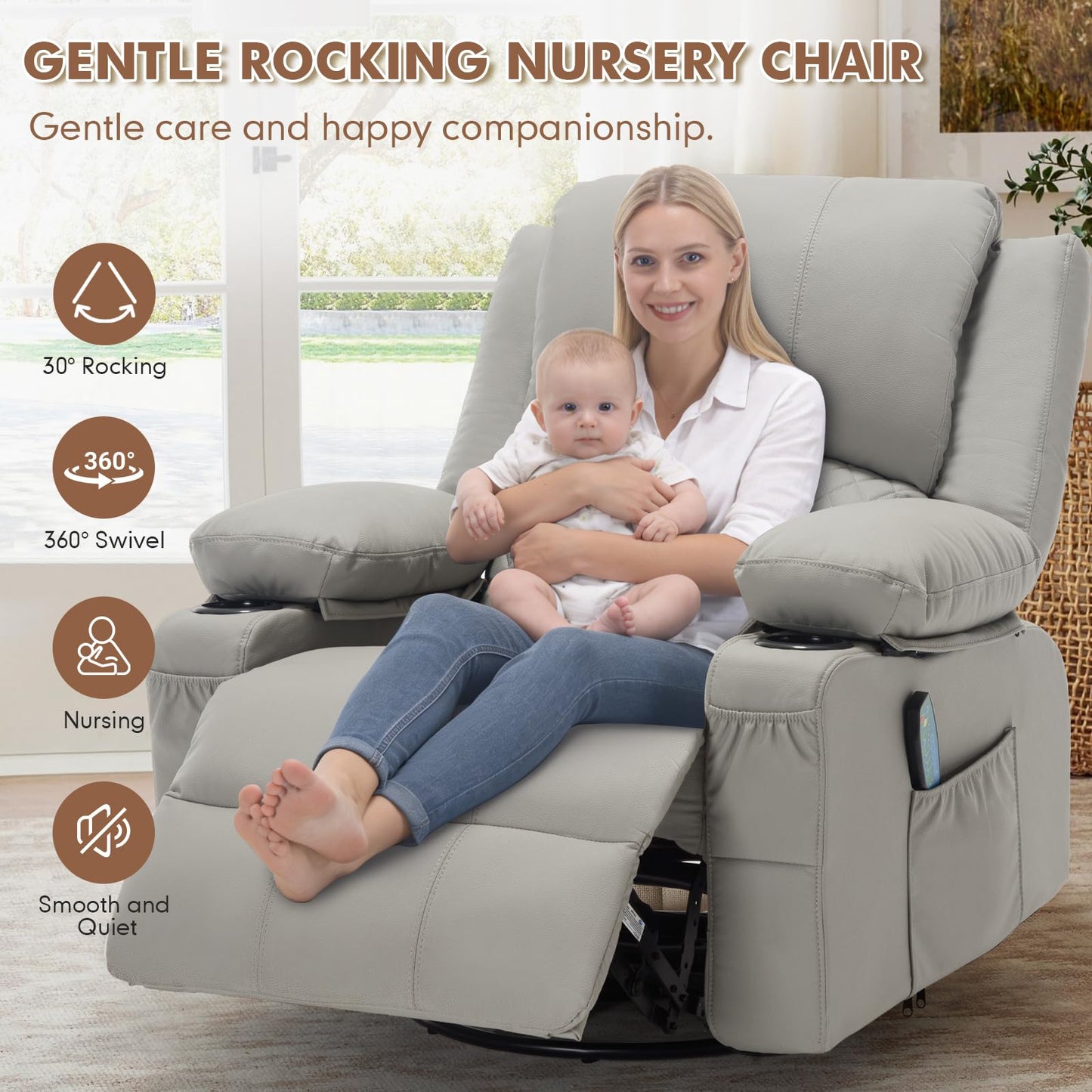 Comermax Swivel Rocker Recliner with Heat and Massage, Wide Seat Heated Massaging Reclining Chair, Faux Leather Rocking Recliner Glider Chair with Cup Holder, Grey