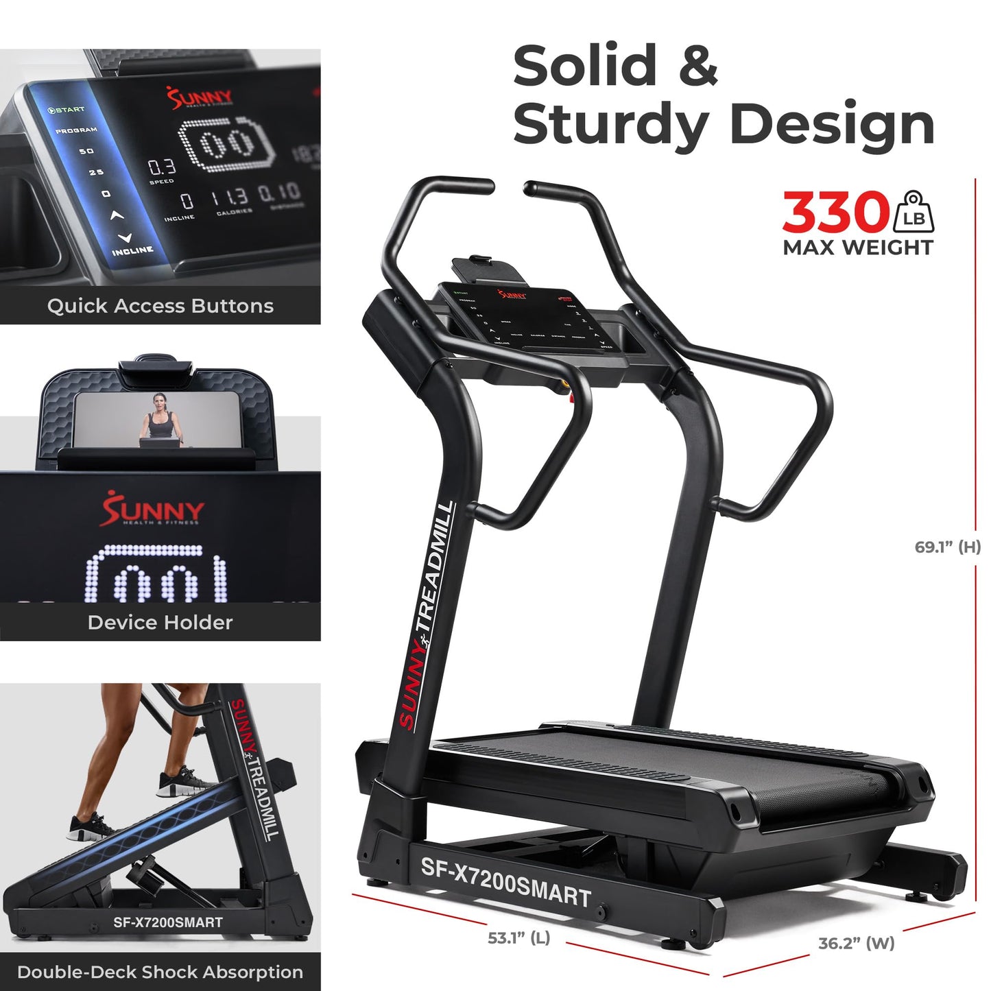 Sunny Health & Fitness Auto Incline Decline Treadmill for Home with Smart Connectivity and Interactive Console, Smooth and Quiet Motor with Cushion Deck, SunnyFit App Access