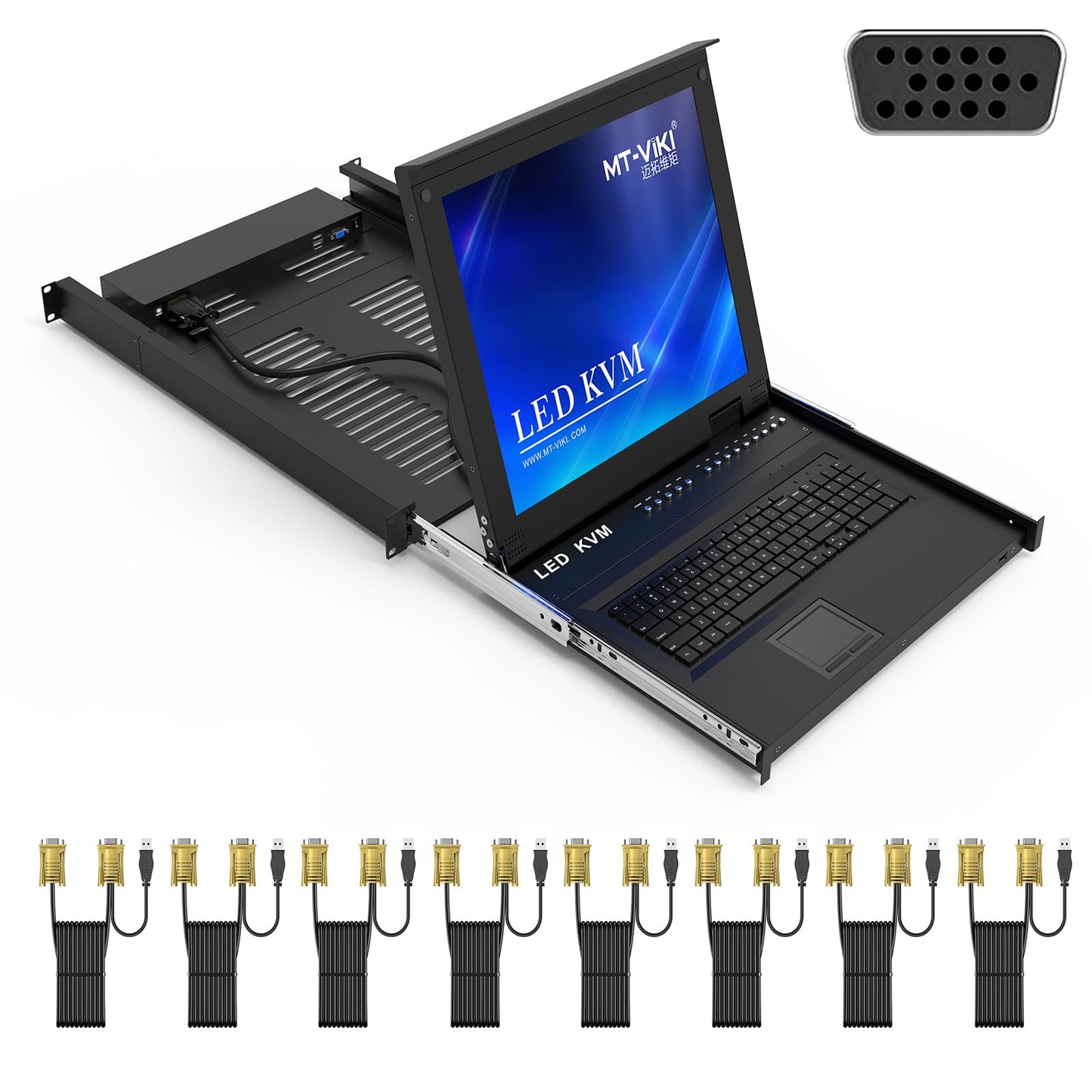 MT-VIKI 8 Port Rack Mount KVM Over IP Remote Access Console With 17'' LCD Monitor, 1 Local & 1 Remote Access, 8 Cables Included