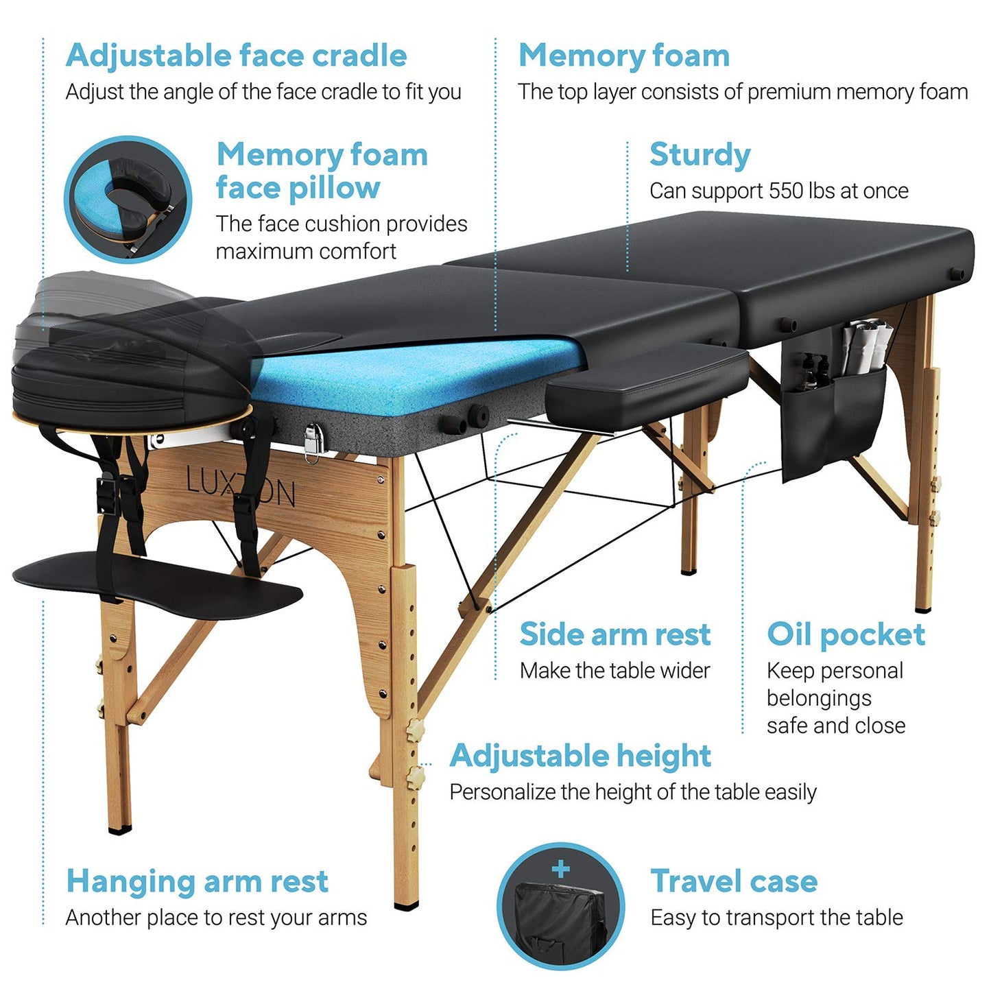 Luxton Home Memory Foam Massage Table Premium Portable Foldable Massage Bed Height Adjustable 72 Inches Long 27 Inches Wide Home Salon Spa Bed Tattoo Table with Accessories & Carrying Case Easy Set Up