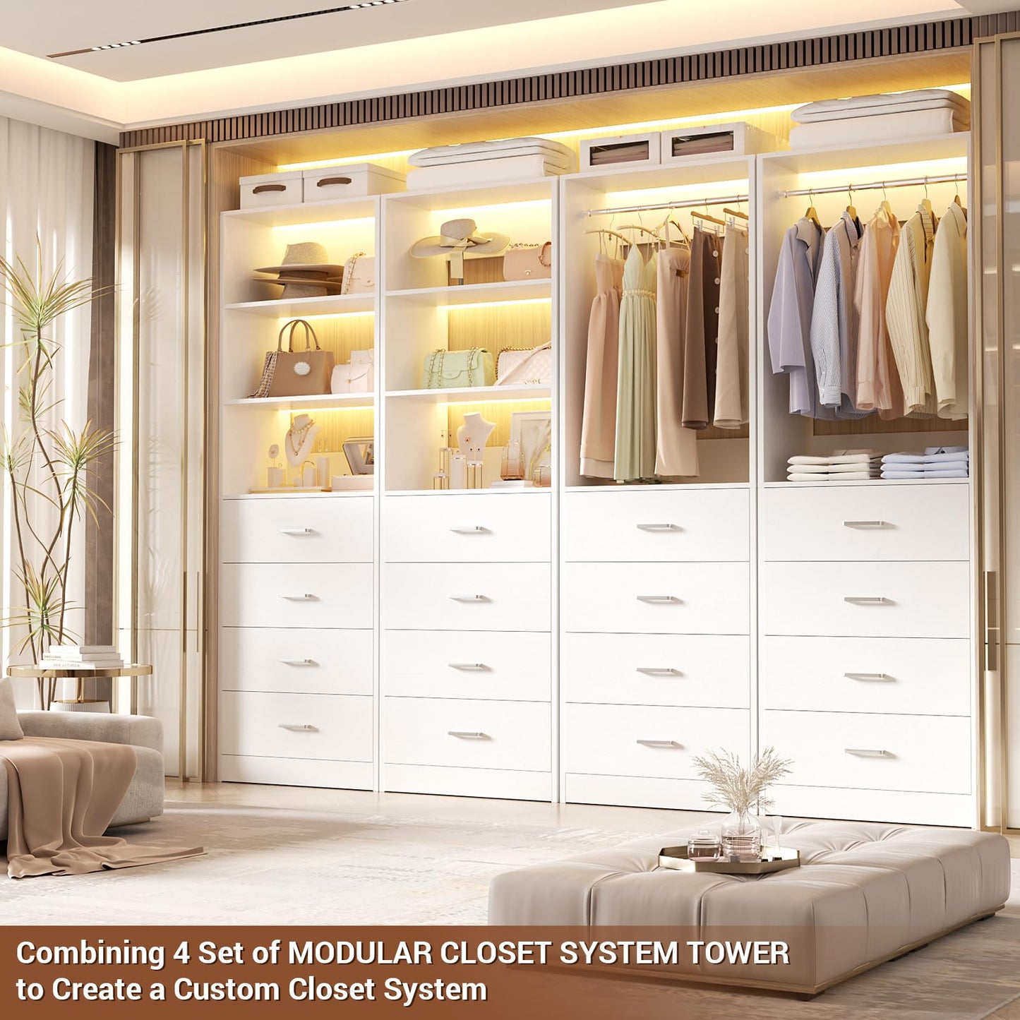 Aheaplus Closet Drawers Organizer System, 21.3" Wood Closet System with 4 Drawers, Modular Walk-in Closets Storage Unit, Tall Bookshelf Storage Cabinet, White22