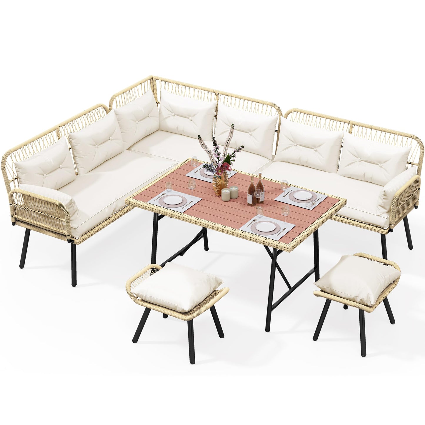YITAHOME Patio Wicker L-Shaped Furniture Set, All-Weather Rattan Outdoor Conversation Sofa Set for Backyard Deck with Soft Cushions,Ottomans and Plastic Wood Dining Table (Light Brown+Beige)