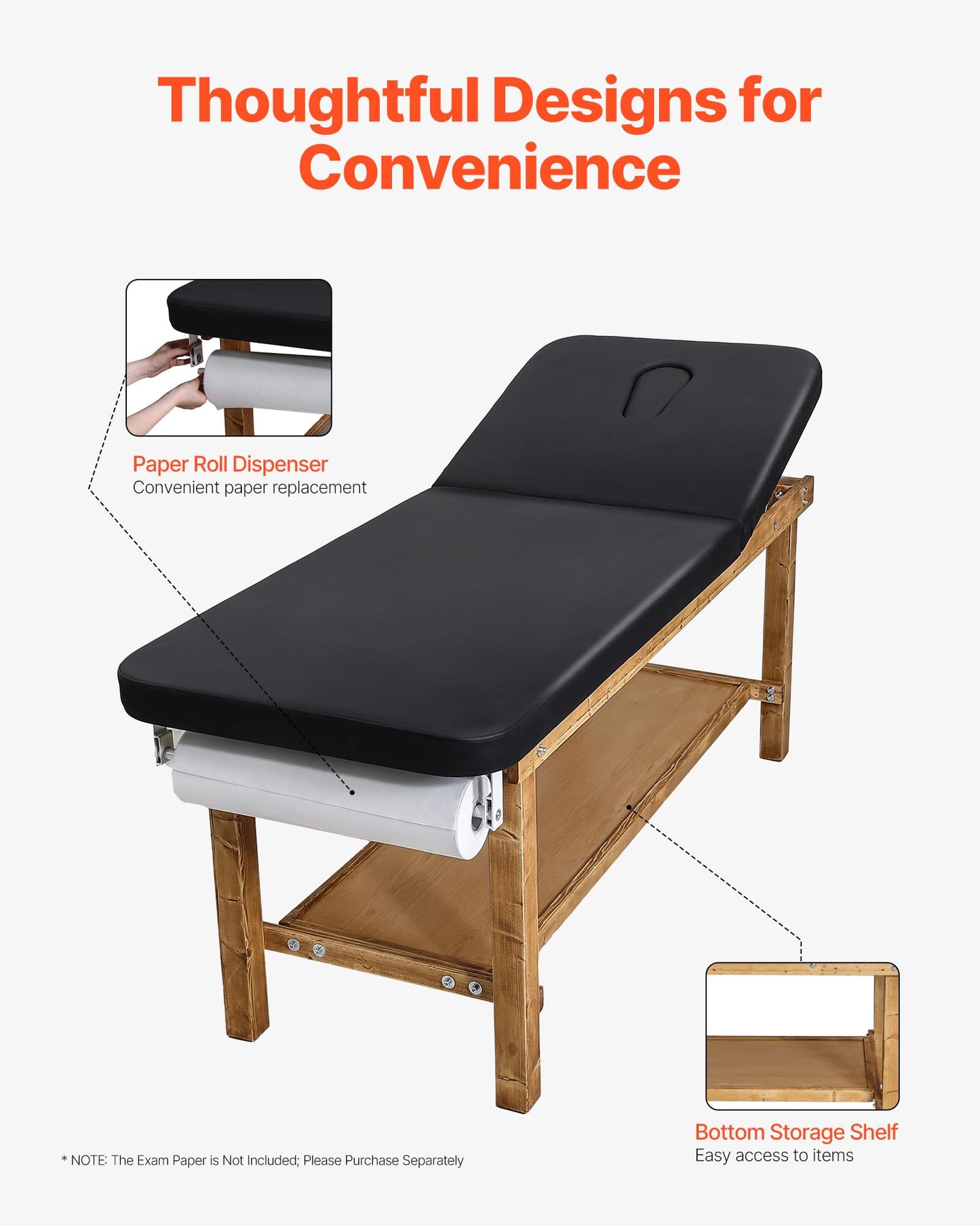 VEVOR Medical Exam Table, Wooden Framed Medical Examination Bed, Physical Therapy Exam Table with Adjustable Backrest, Storage Shelf & Paper Roll Dispenser for Hospitals Clinics Rehab Centers, 500LBS