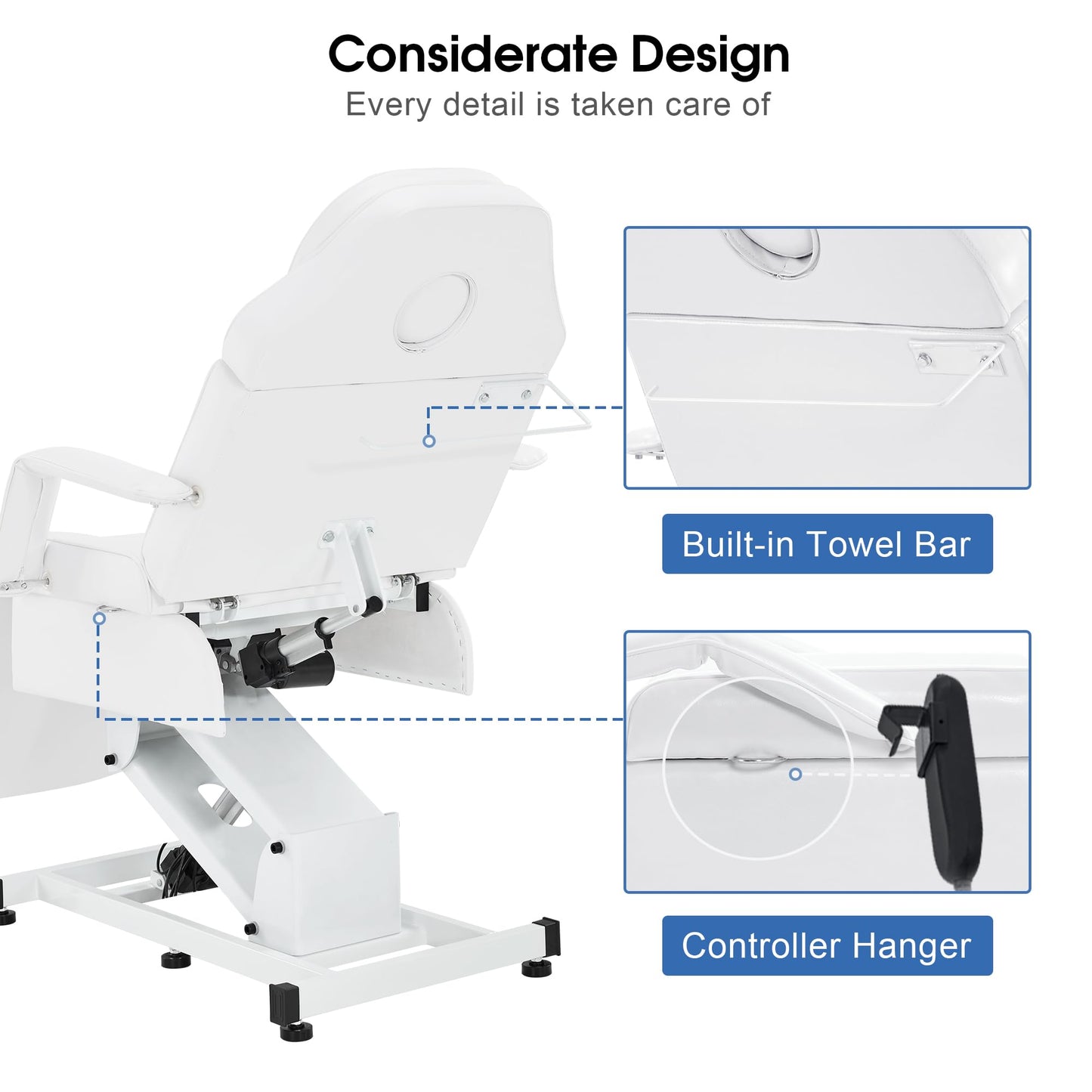 BarberPub 3-Motor Fully Electric Facial Bed, Height-Adjustable Esthetician Massage Table for Salon Spa, Reclining Tattoo Chair with Remote Control 2751 (White)