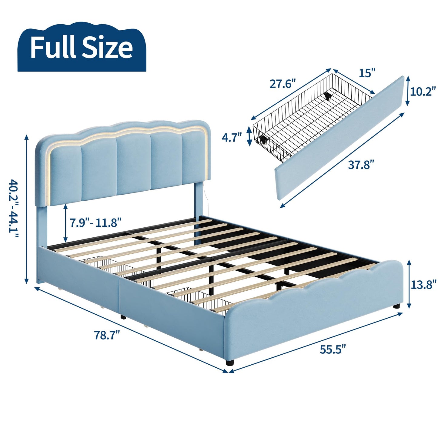 GarveeHome Full LED Bed Frame, Kids Platform Bed with 2 Large Storage Drawers, Velvet Upholstered Princess Bed for Girls & Boys, Wooden Slats Support, No Box Spring Needed, Easy Assembly, Blue