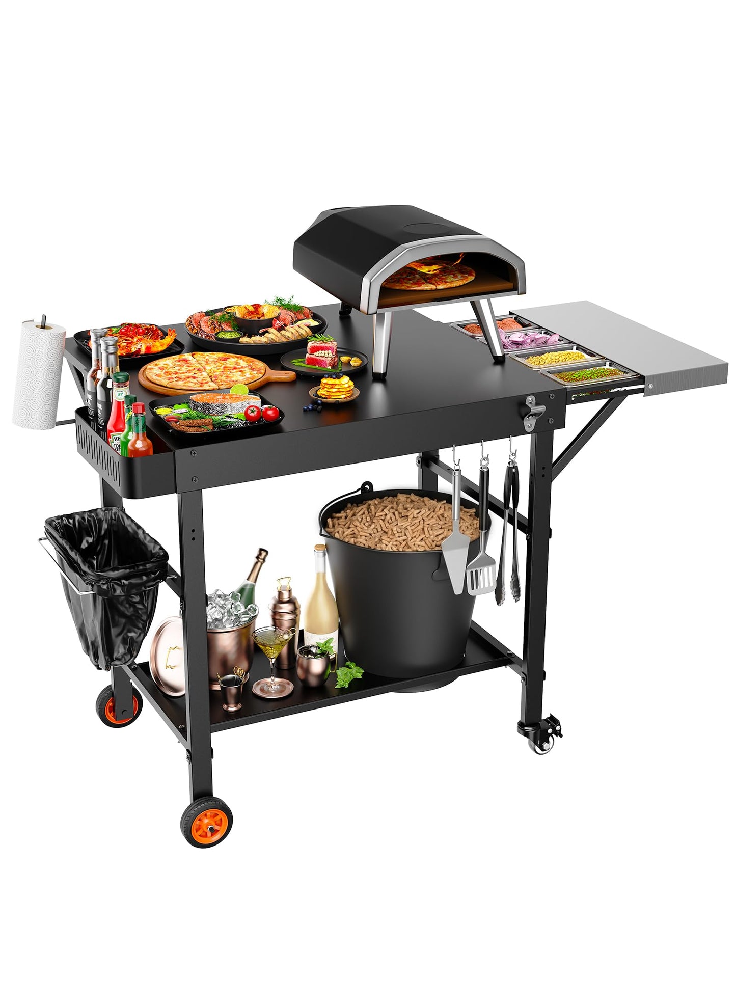 Outdoor Pizza Oven Table, Movable Grill Side Table, Expansive Countertop Pizzas Oven Accessories, Pizzas Stands for Party with Wheels, Fits Ooni Blackstone Ninja Cuisinart Gozney