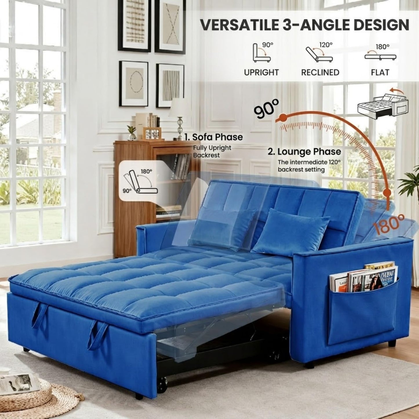 NicBex 3 in 1 Convertible Sofa Bed, Pull Out Couch Bed with Adjustable Backrest, Velvet Fabric Sleeper Sofa with Side Pocket, Loveseat Sleeper Sofa for Small Space, Living Room, Bedroom, Blue