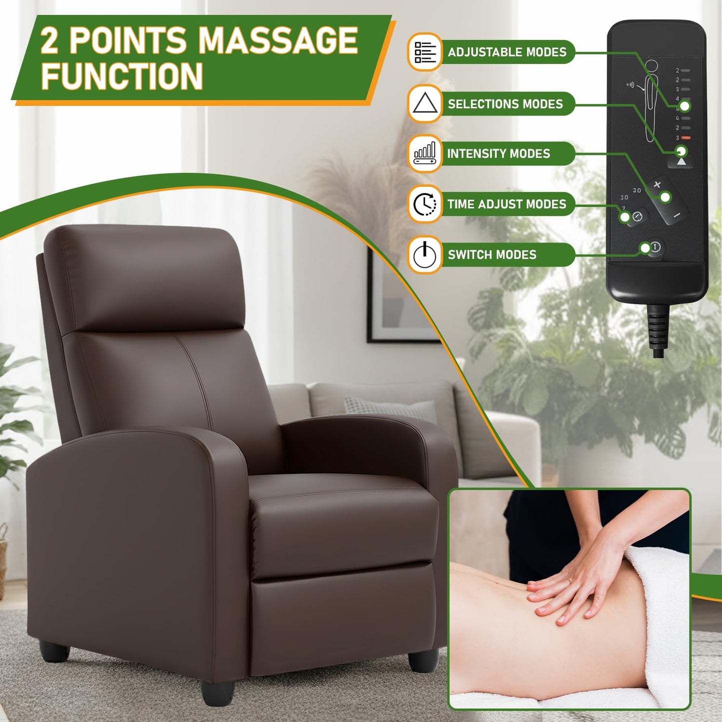 PayLessHere Recliner Chair Single Reclining Sofa Home Theater Seating with Lumbar Support and Padded Backrest for Living Room and Bedroom (Leather, Brown-Massage)