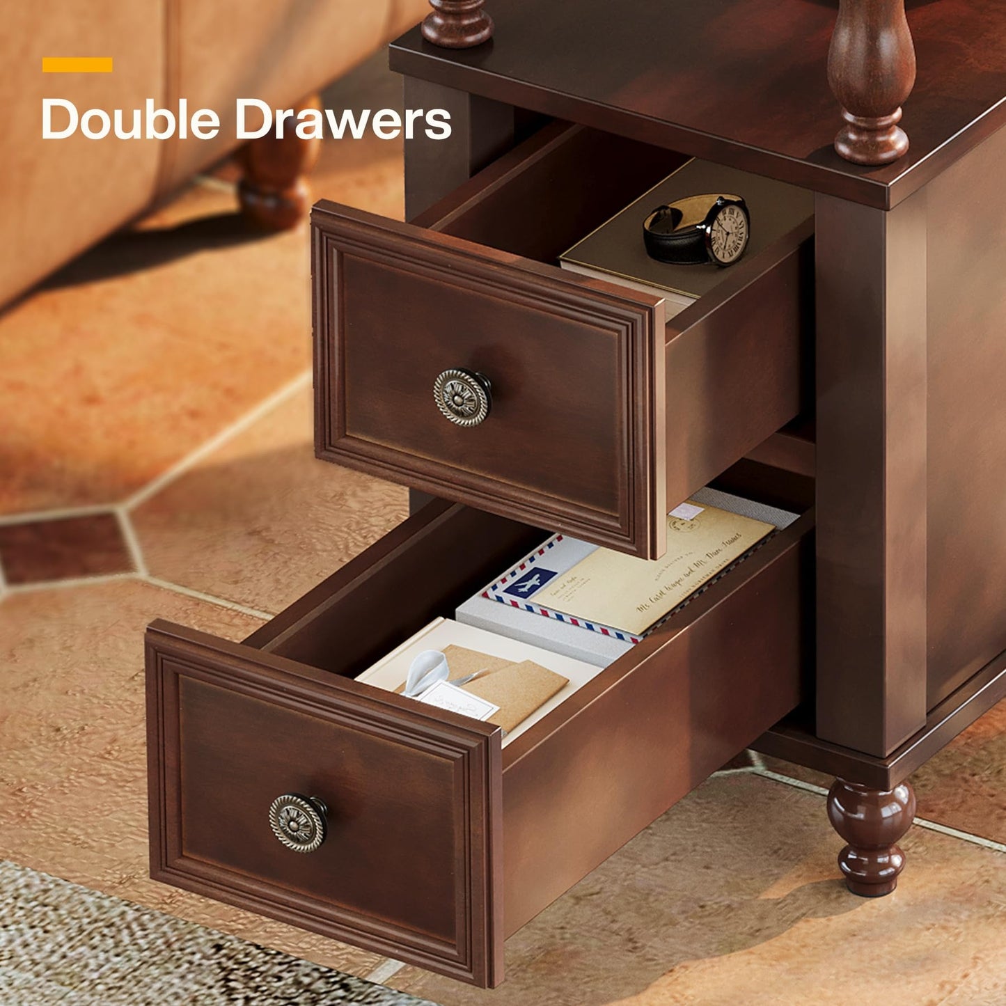 Tribesigns Cherry Finish Wood End Table with 2 Drawers, Mid-Century Wooden Slim Side Table Nightstands with Storage Shelf, Accent Table for Living Room, Easy to Assemble