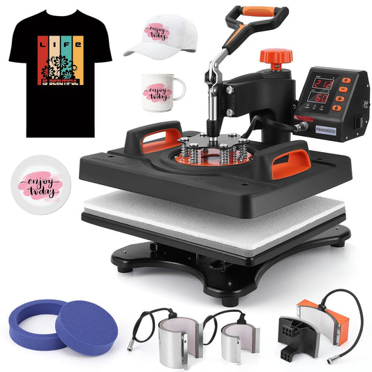 12 x 15 Inch 6 in 1 Heat Press Machine, 800W Sublimation Heat Press, 360° Swing-Away Rotation, Dual-Tube Heating Transfer Printer, Multipurpose Heat Press for T-Shirts, Hats, Mugs, Caps & DIY Crafts