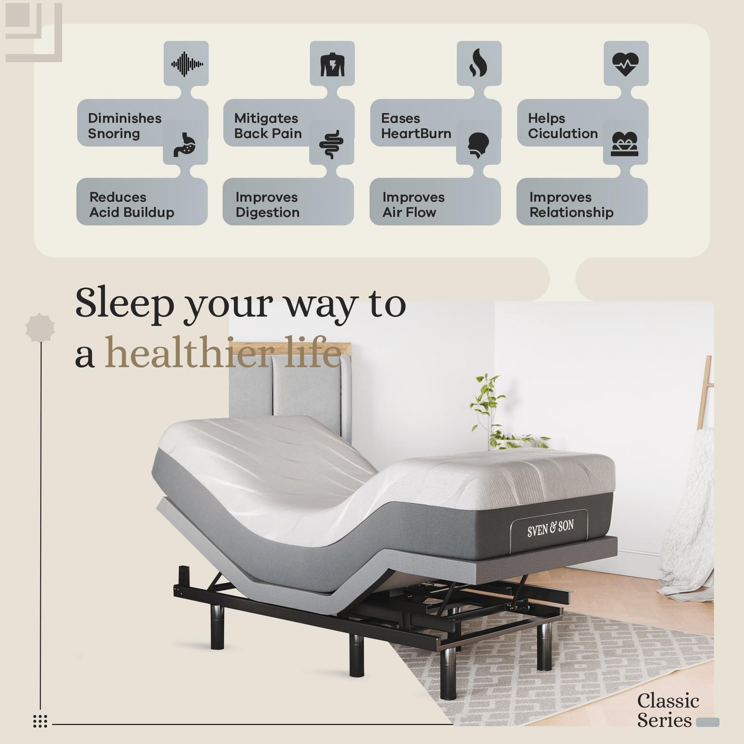 Sven & Son Classic Adjustable Bed Base, Head and Foot Lift, Massage, Under-Bed Lights, USB, Gel Memory, Zero Gravity Smart Frame - Twin XL + 14 inch Hybrid Spring Matt (Medium Soft)