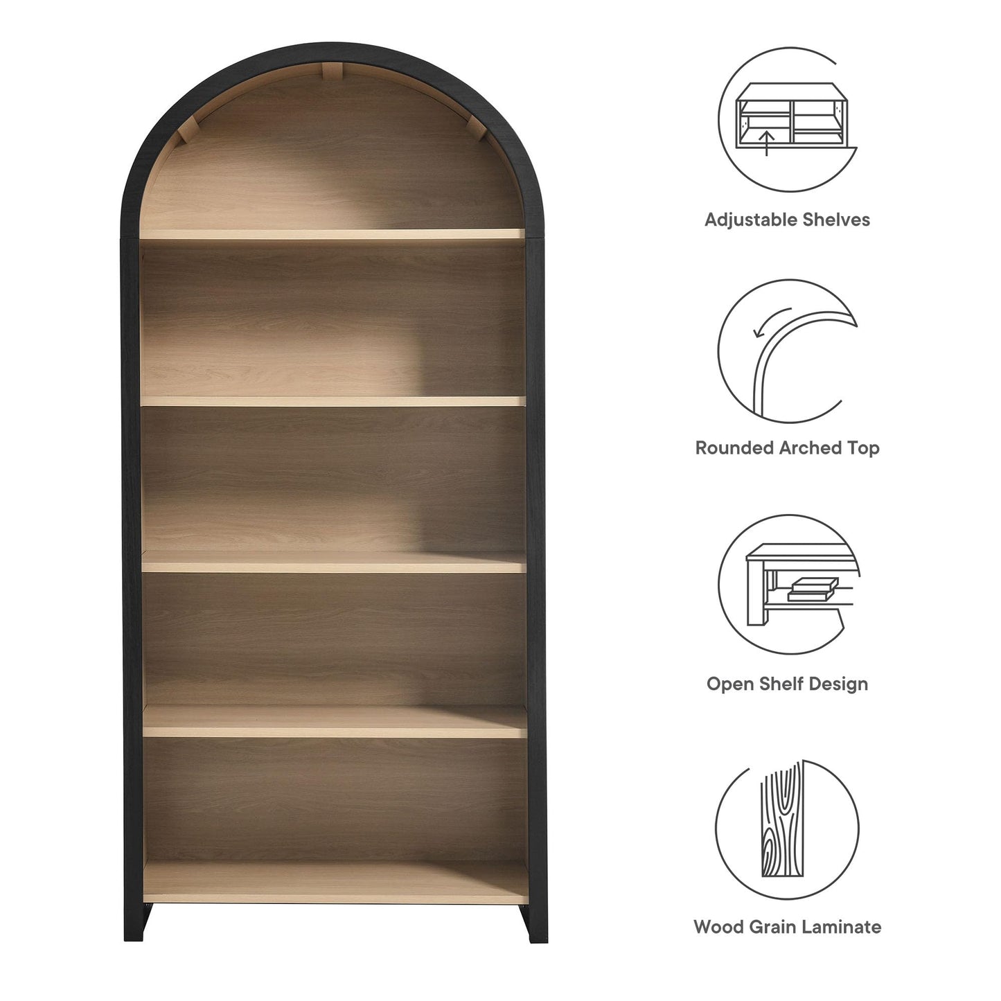 Modway Evie Modern Arched Wide Bookcase in Black - 76 Inch Open Shelf Display Cabinet - Stylish 5-Tier Bookshelf for Living Room, Dining Room, or Home Office